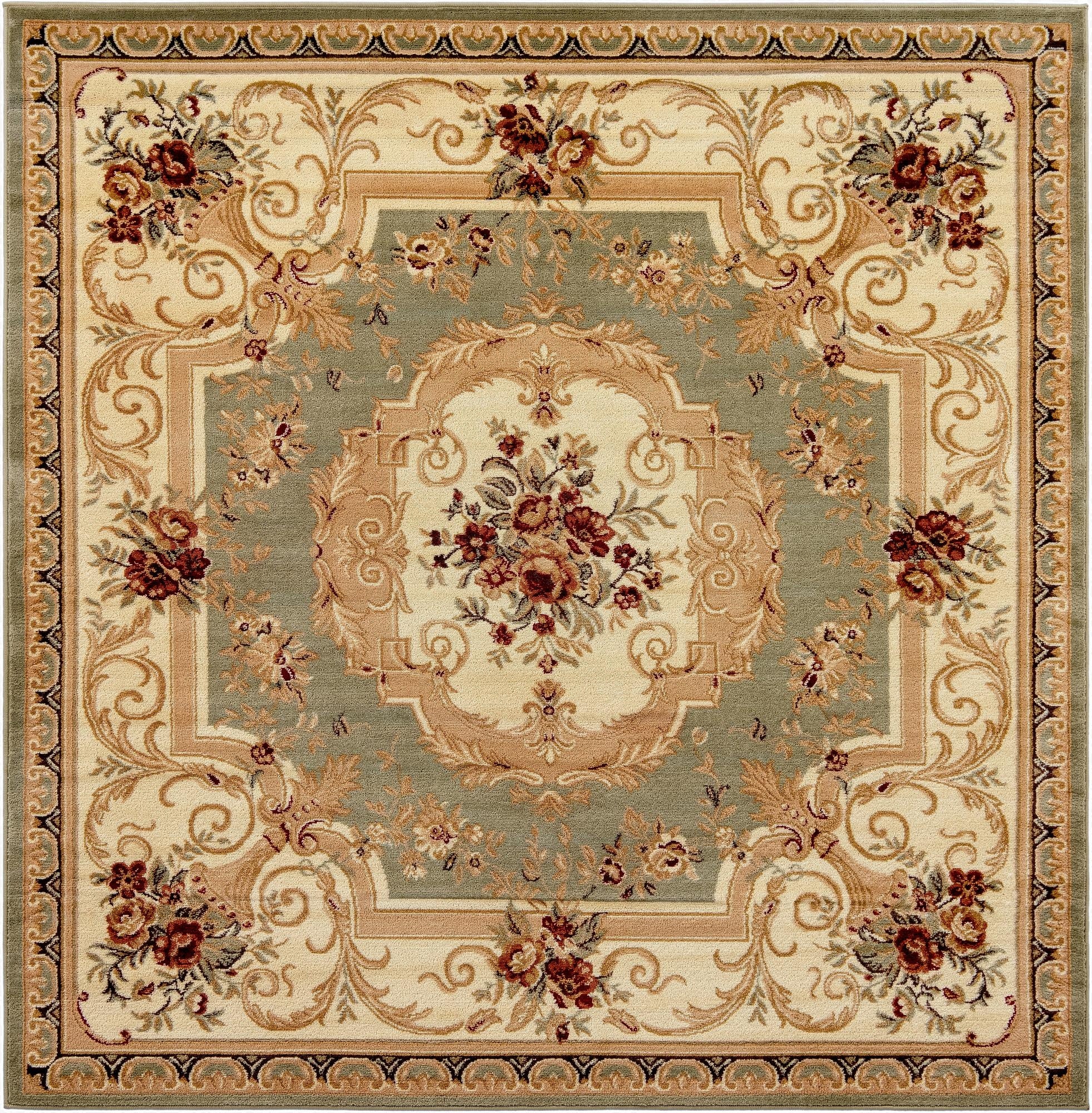 A 7'x7' square traditional rug featuring a central medallion and floral motifs in shades of green, cream, and burgundy.