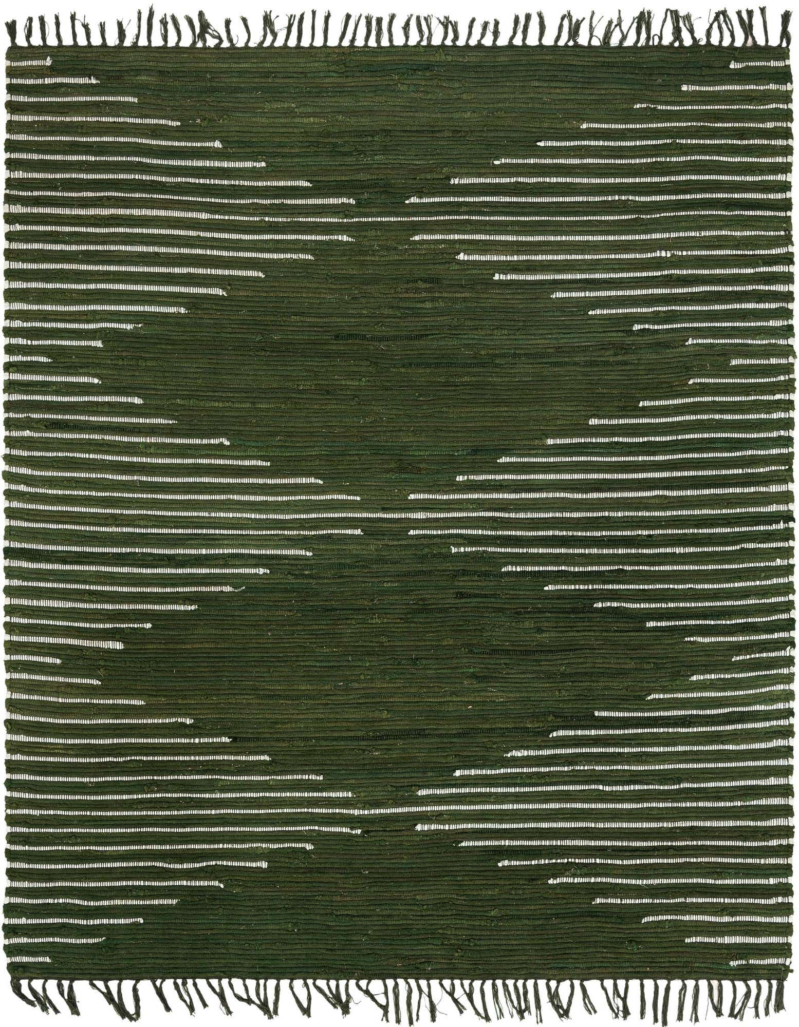 A 7' 1 x 7' 1 square green Chindi Cotton rug with a textured flatweave and fringe.