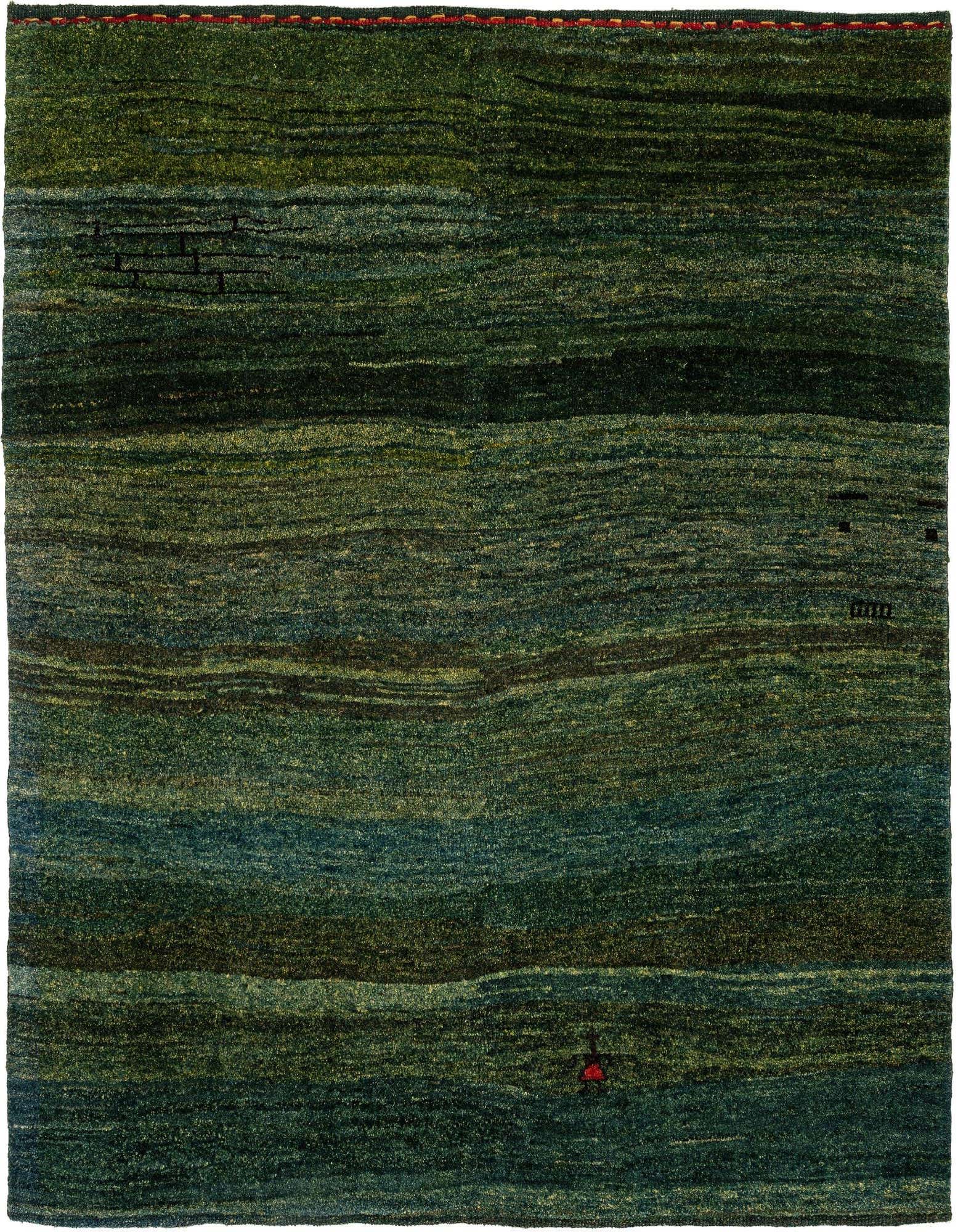 A square Gabbeh Shouli rug, 4'6" x 4'7", featuring horizontal bands of varying greens, deep blues, and subtle browns with a modern, abstract pattern.