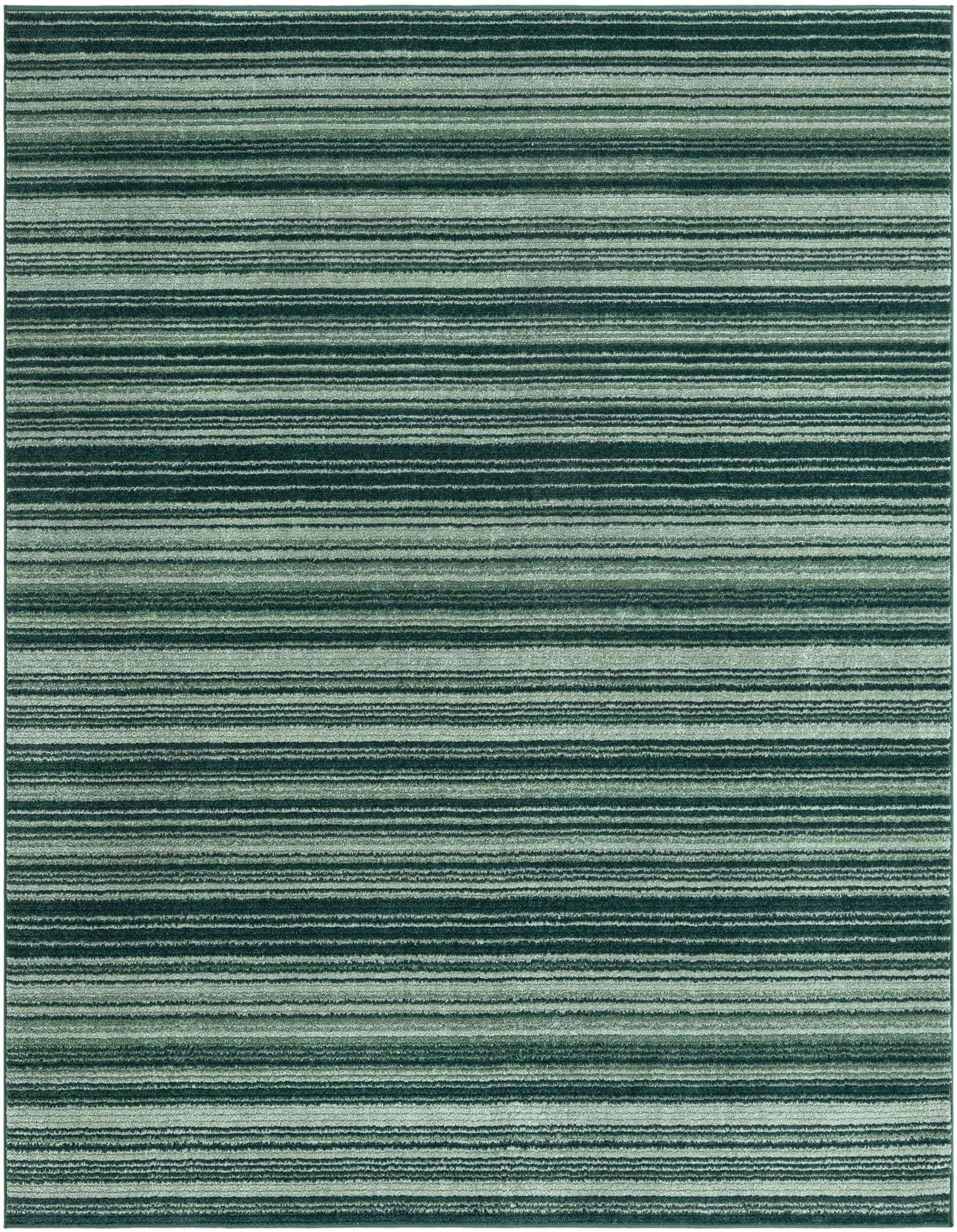 A square area rug featuring horizontal stripes in varying shades of green, from light sage to deep forest green, creating a textured look.