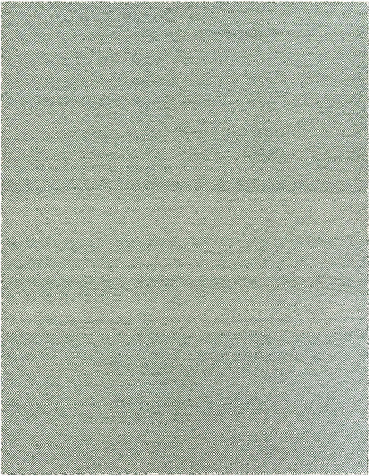 A 10'x10' square green flatweave rug with a repeating modern trellis pattern of concentric diamonds.