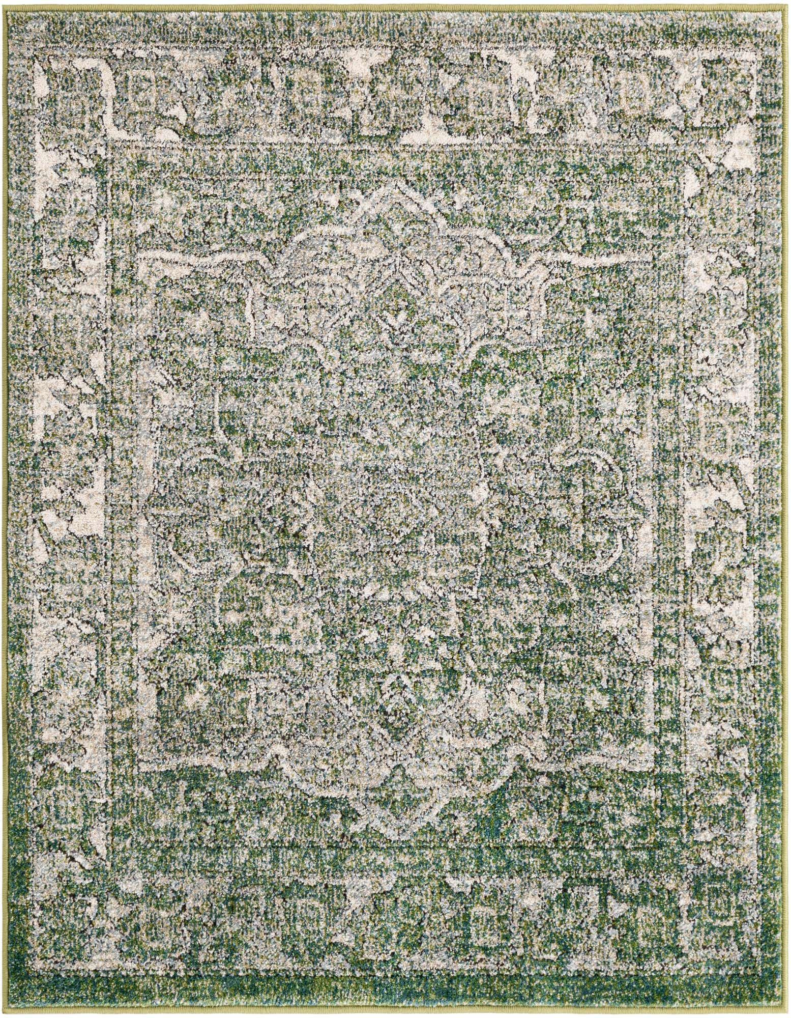 A 4x4 square green and cream traditional medallion rug with a distressed, vintage look and high-low pile.