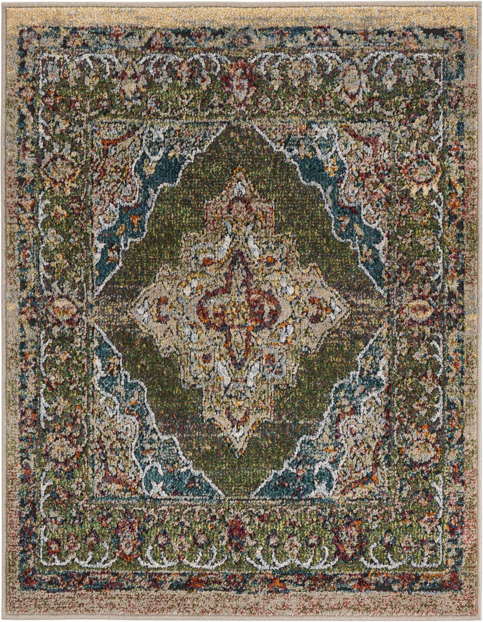A 3' 3 x 3' 3 square Isabella collection rug featuring a distressed traditional medallion pattern in various shades of green, beige, and hints of red and blue.