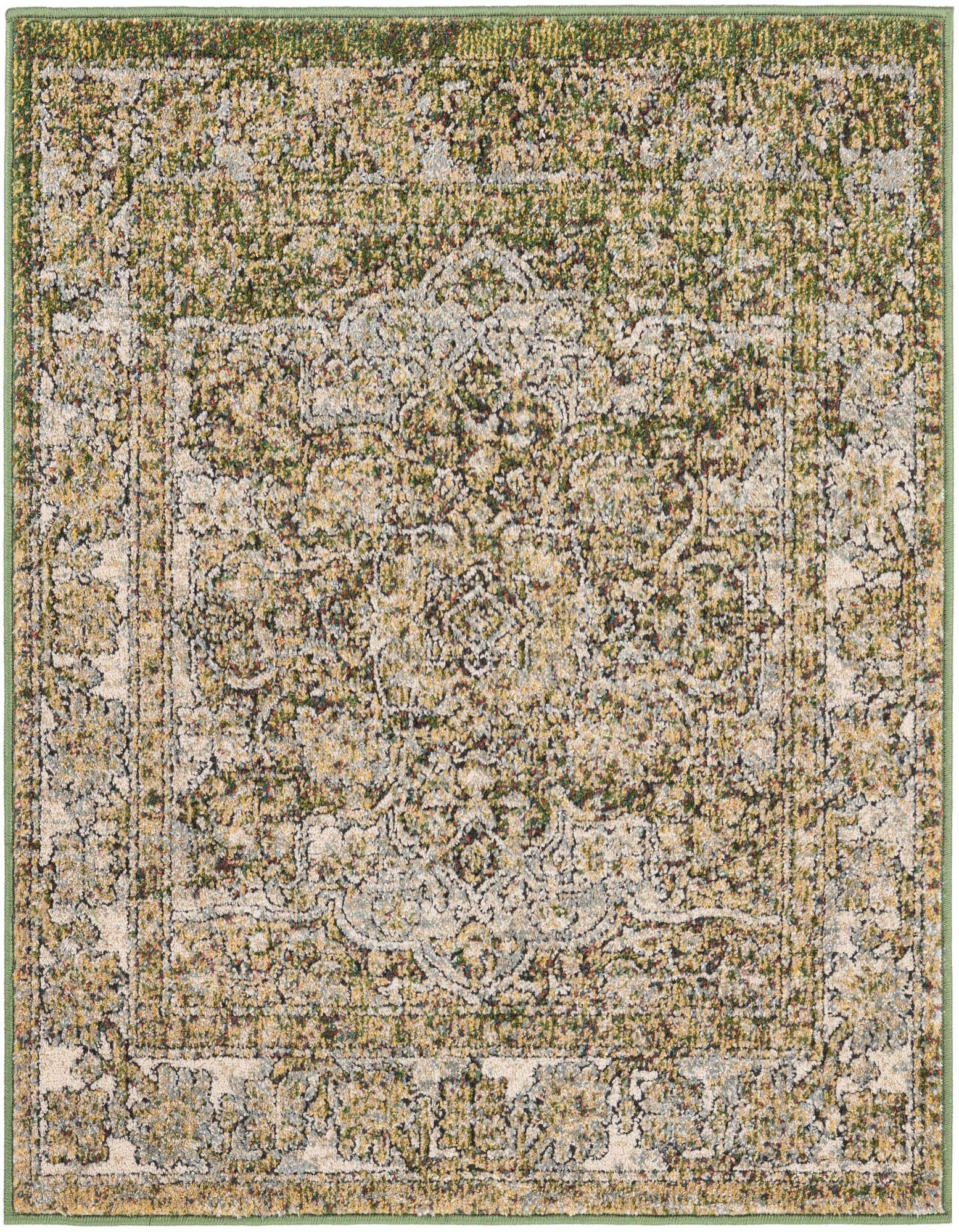 A 3' 3 x 3' 3 square Isabella rug featuring a distressed green and beige traditional medallion pattern with a high/low pile.