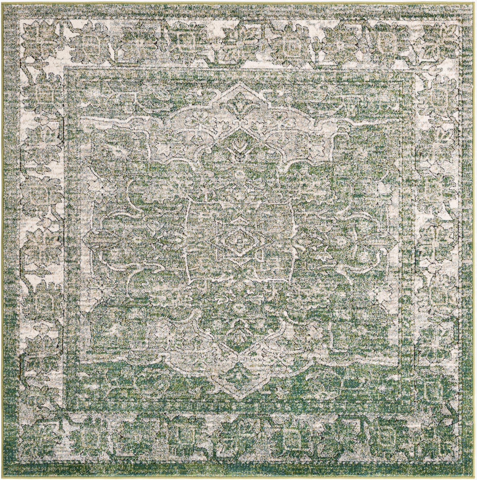 A 6' 0 x 6' 0 square green and ivory traditional medallion rug with a distressed vintage look.
