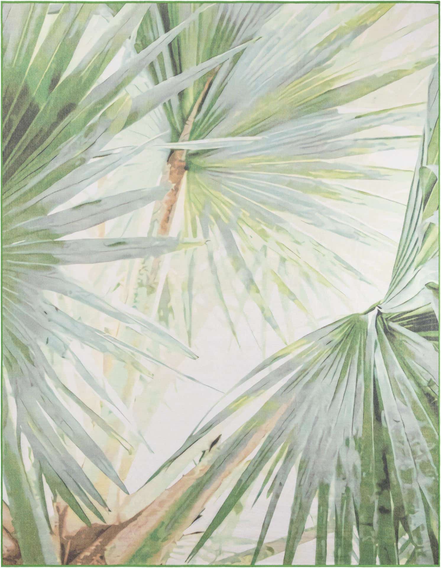 A 10'x10' square green tropical rug with a vibrant palm leaf pattern, suitable for indoor or outdoor use.