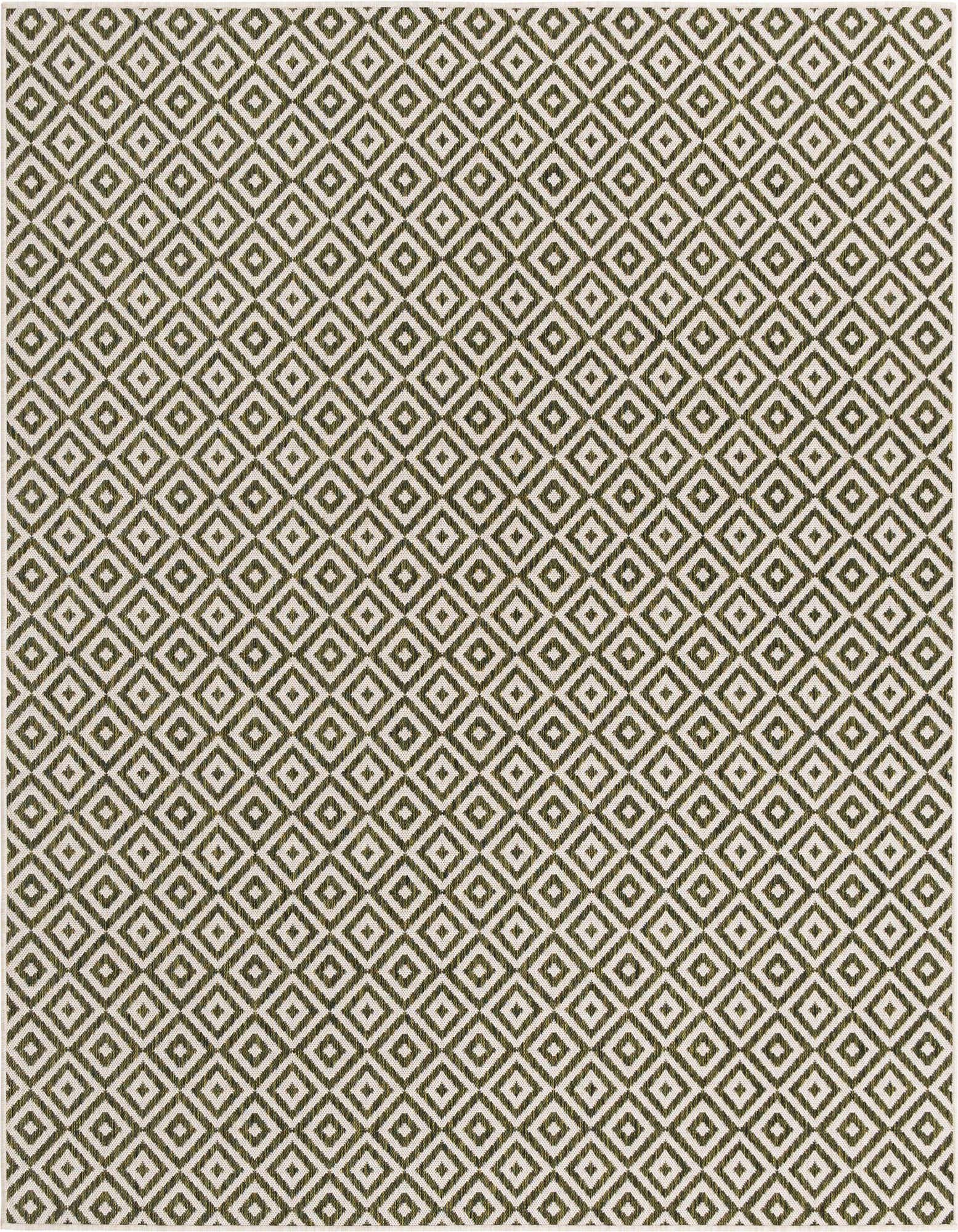 A 7' 10 x 7' 10 square green and white Bohemian trellis rug with a textured flatweave.