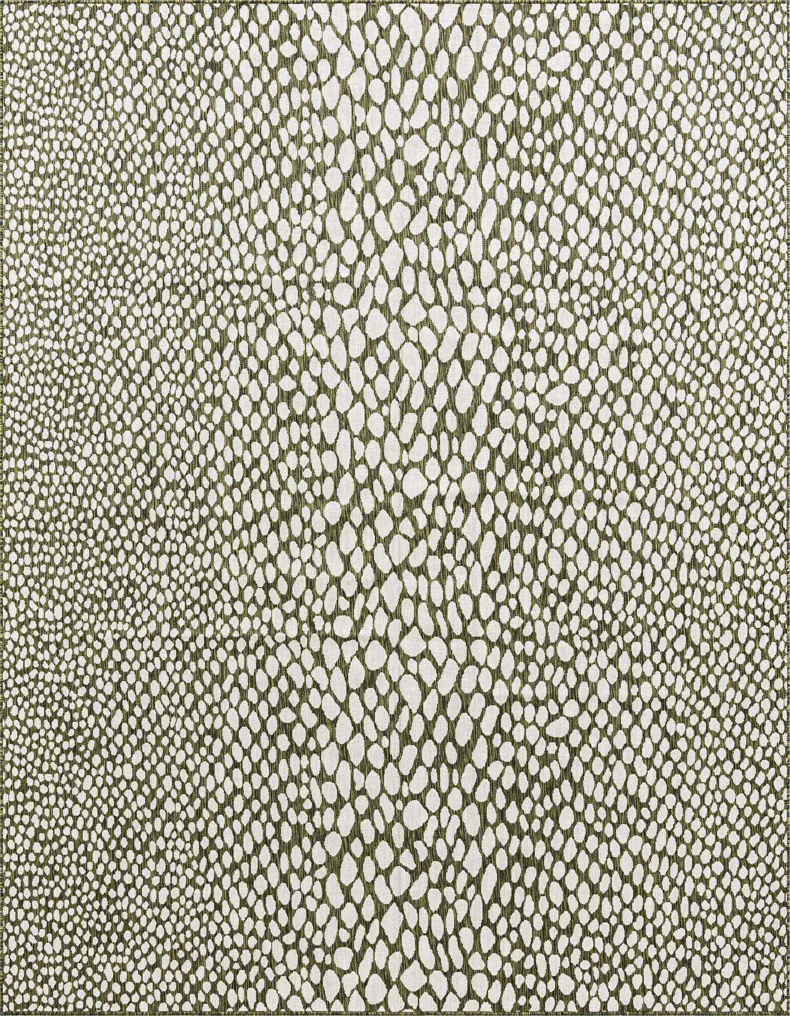 A 10' 8 x 10' 8 square green and white modern abstract rug with a textured pebble-like pattern, suitable for indoor/outdoor use.
