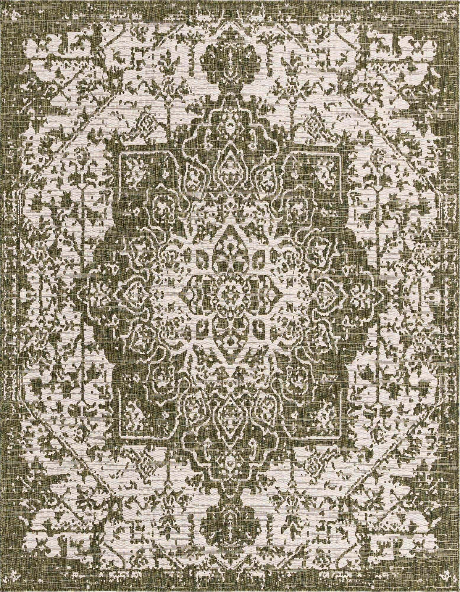 A 10' 8 x 10' 8 square Jill Zarin Outdoor rug featuring a distressed green and cream traditional medallion pattern.