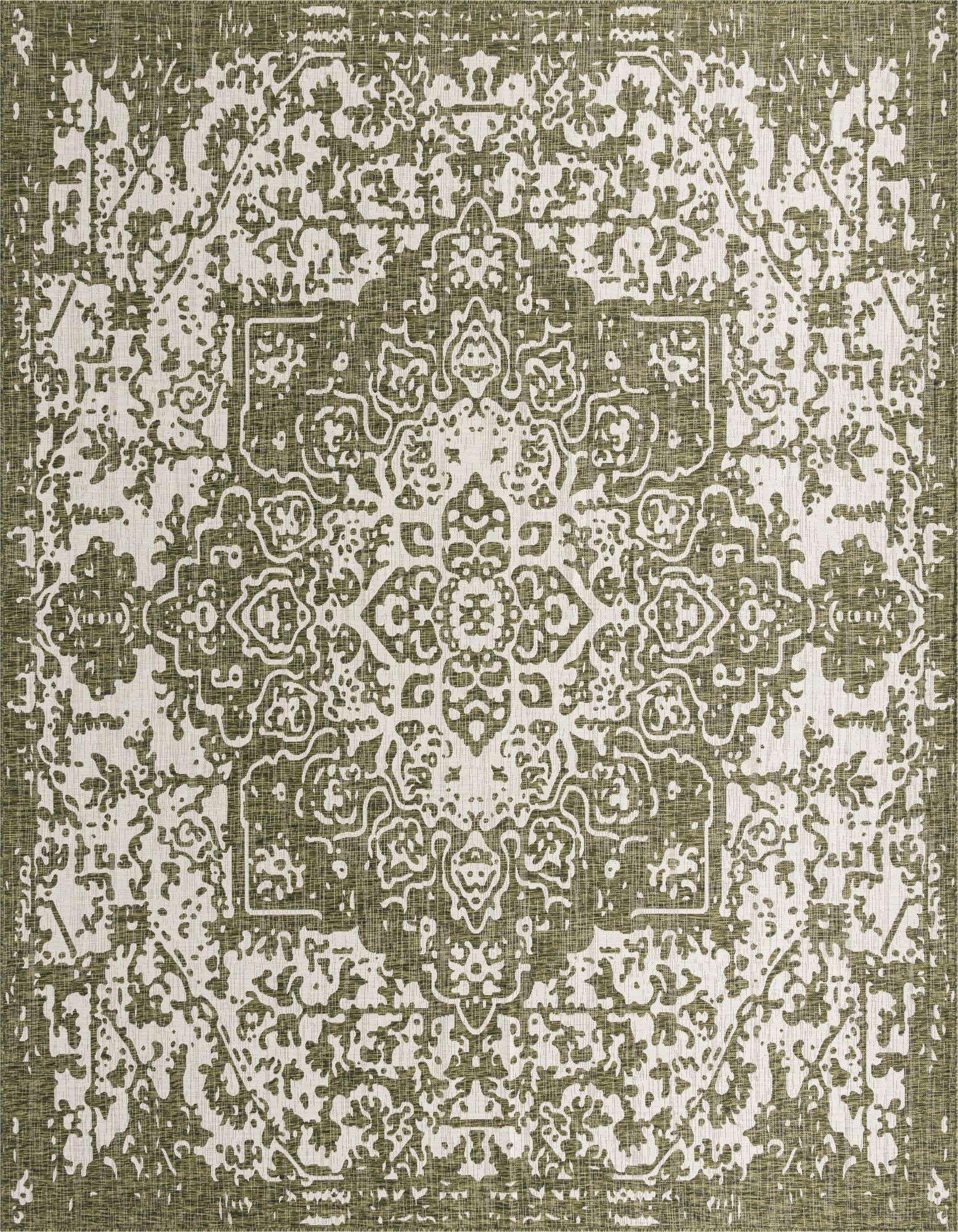 A 13' square green and white outdoor rug with a distressed traditional medallion pattern, ideal for a patio.