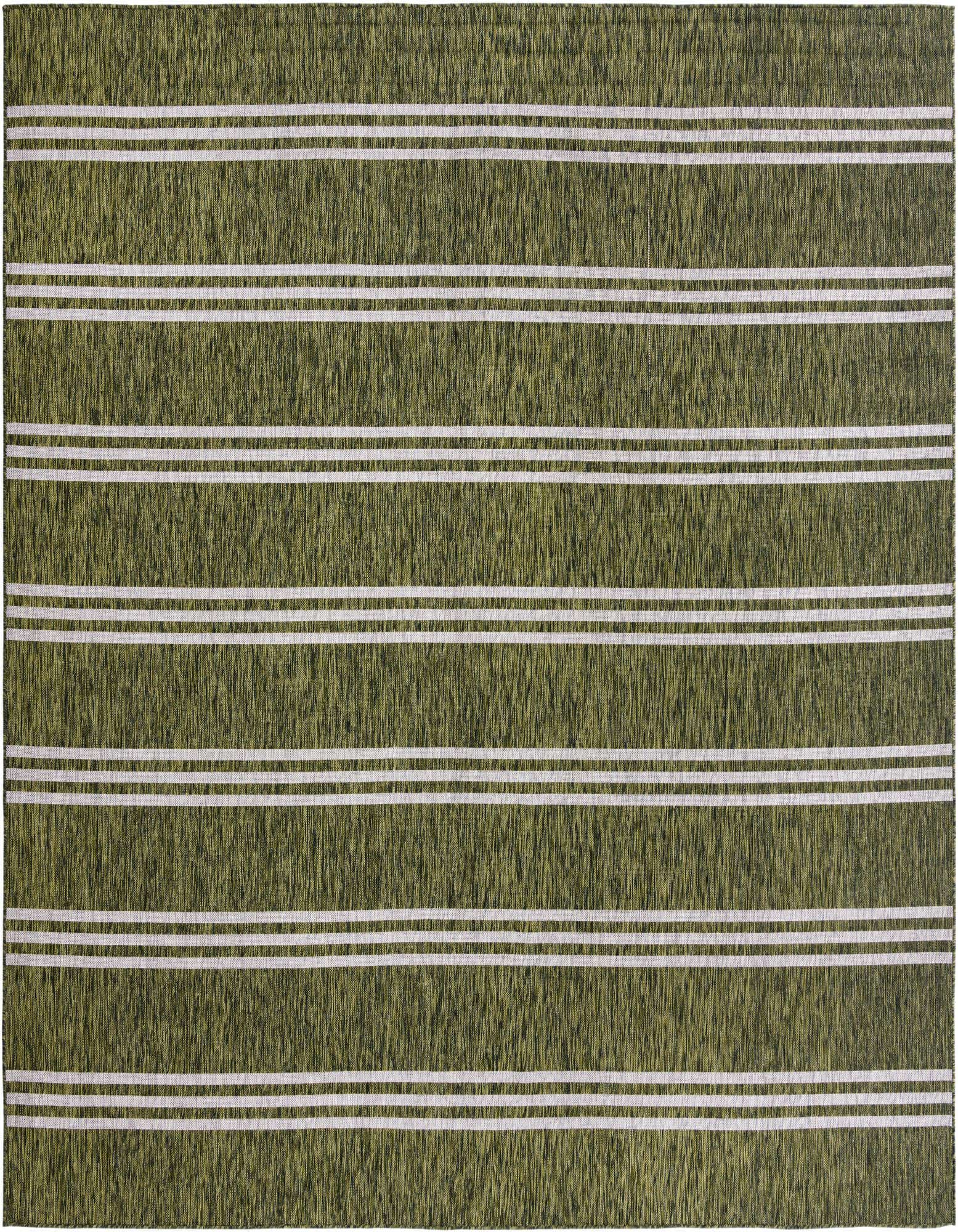 A 10' 8 x 10' 8 square green and white striped indoor/outdoor rug with a textured flatweave.
