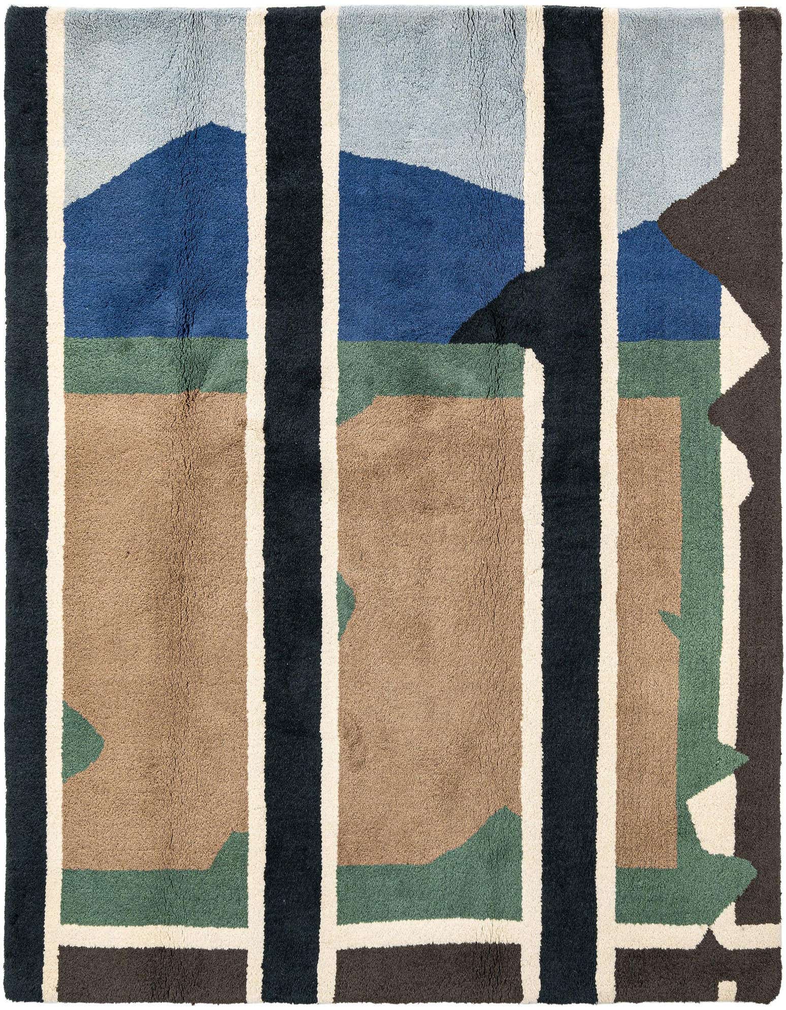 A square Juma wool rug, 6' 7 x 6' 7, featuring a modern abstract design with vertical dark and light stripes over a landscape of blues, greens, and browns.