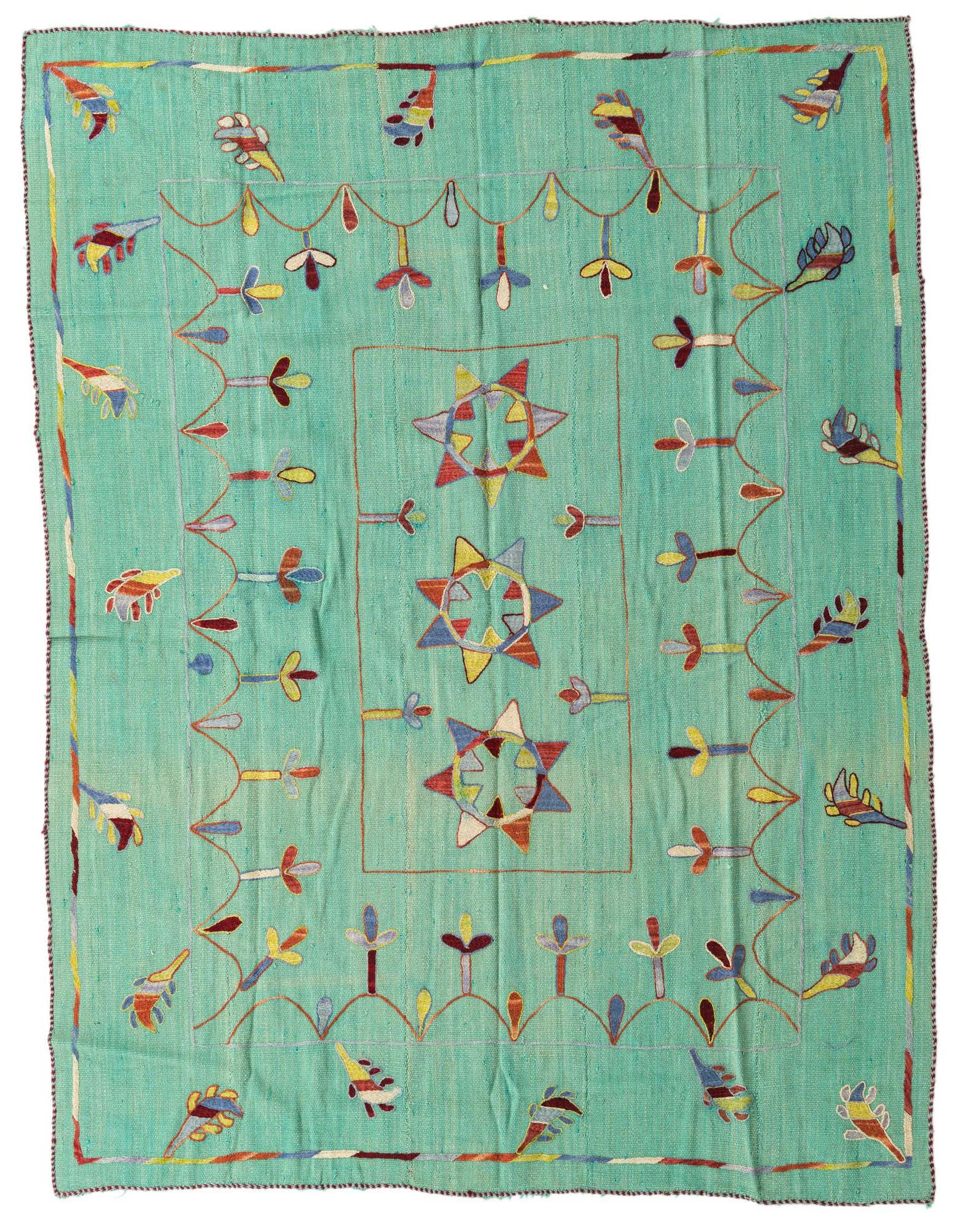 A 5'10" x 6'10" square green Kilim Suzani rug with colorful tribal and floral embroidery.