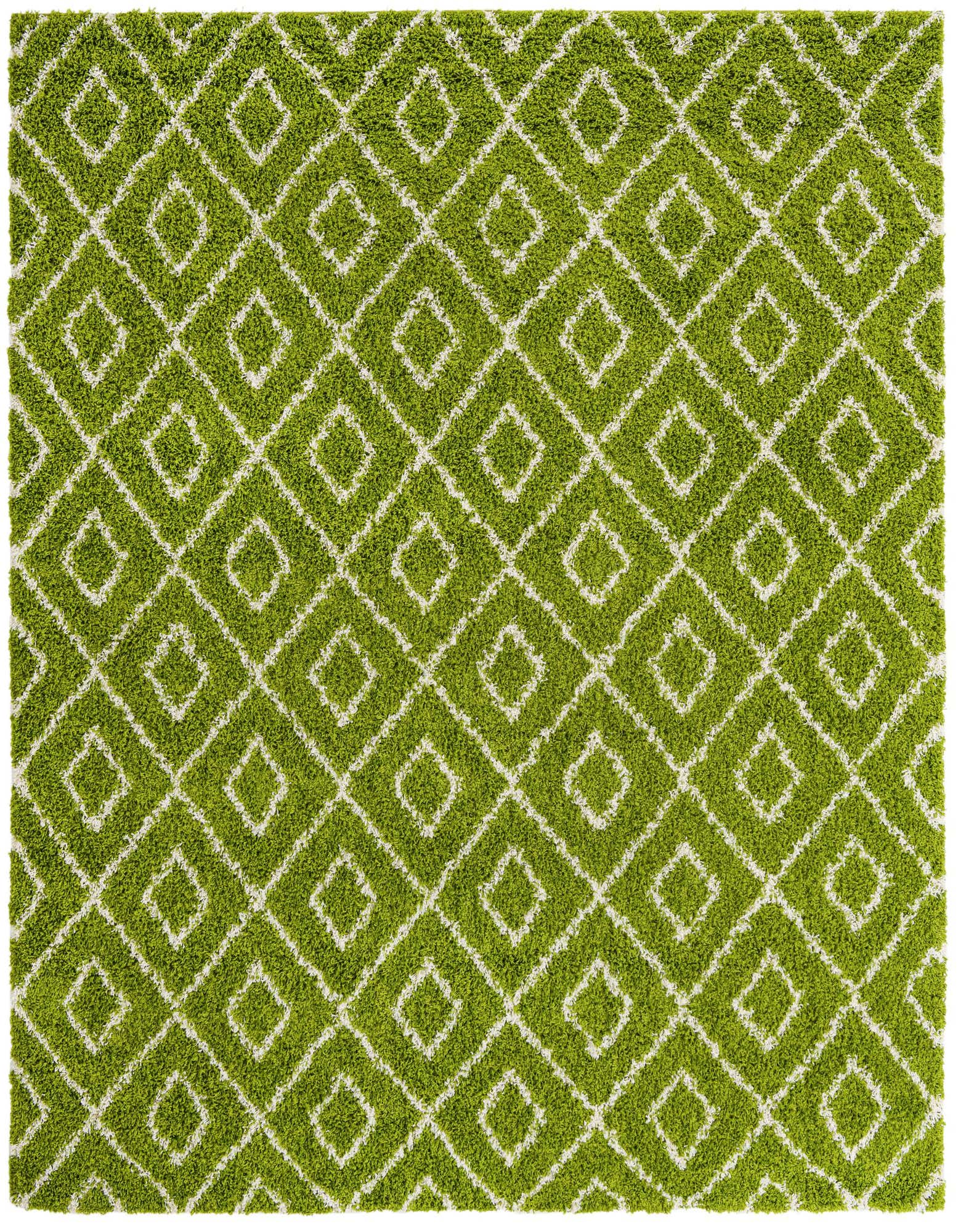A vibrant green 10' square shag rug with a white modern trellis pattern, showcasing its high/low textured pile.