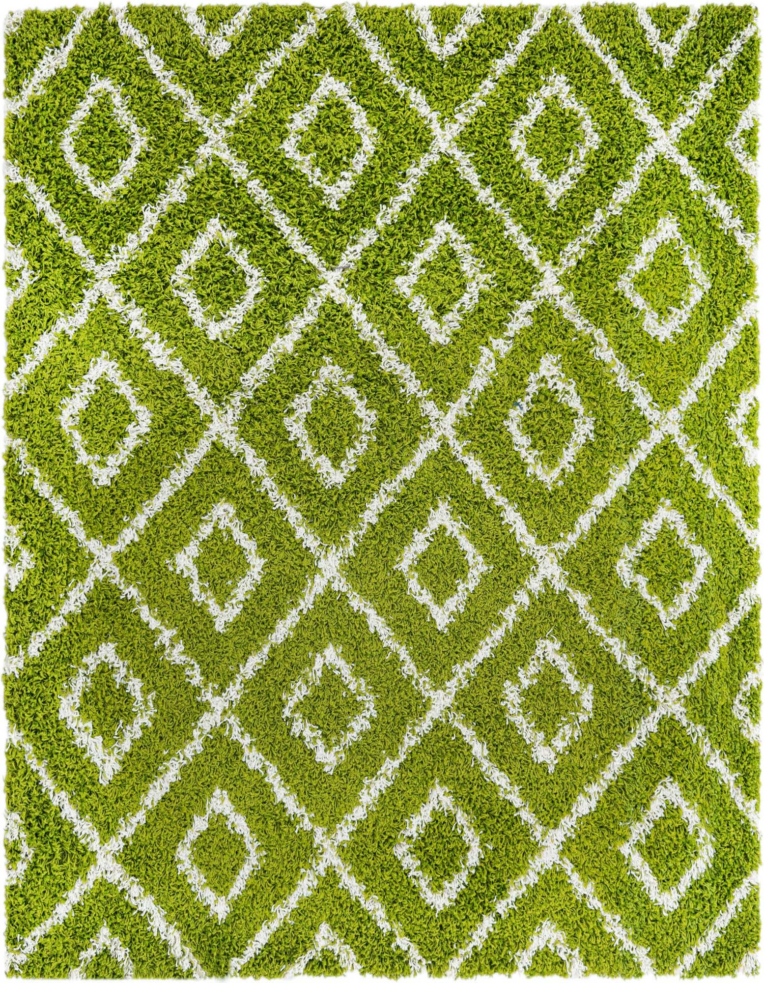 A vibrant green square shag rug with a modern white lattice pattern, featuring a textured high/low pile.