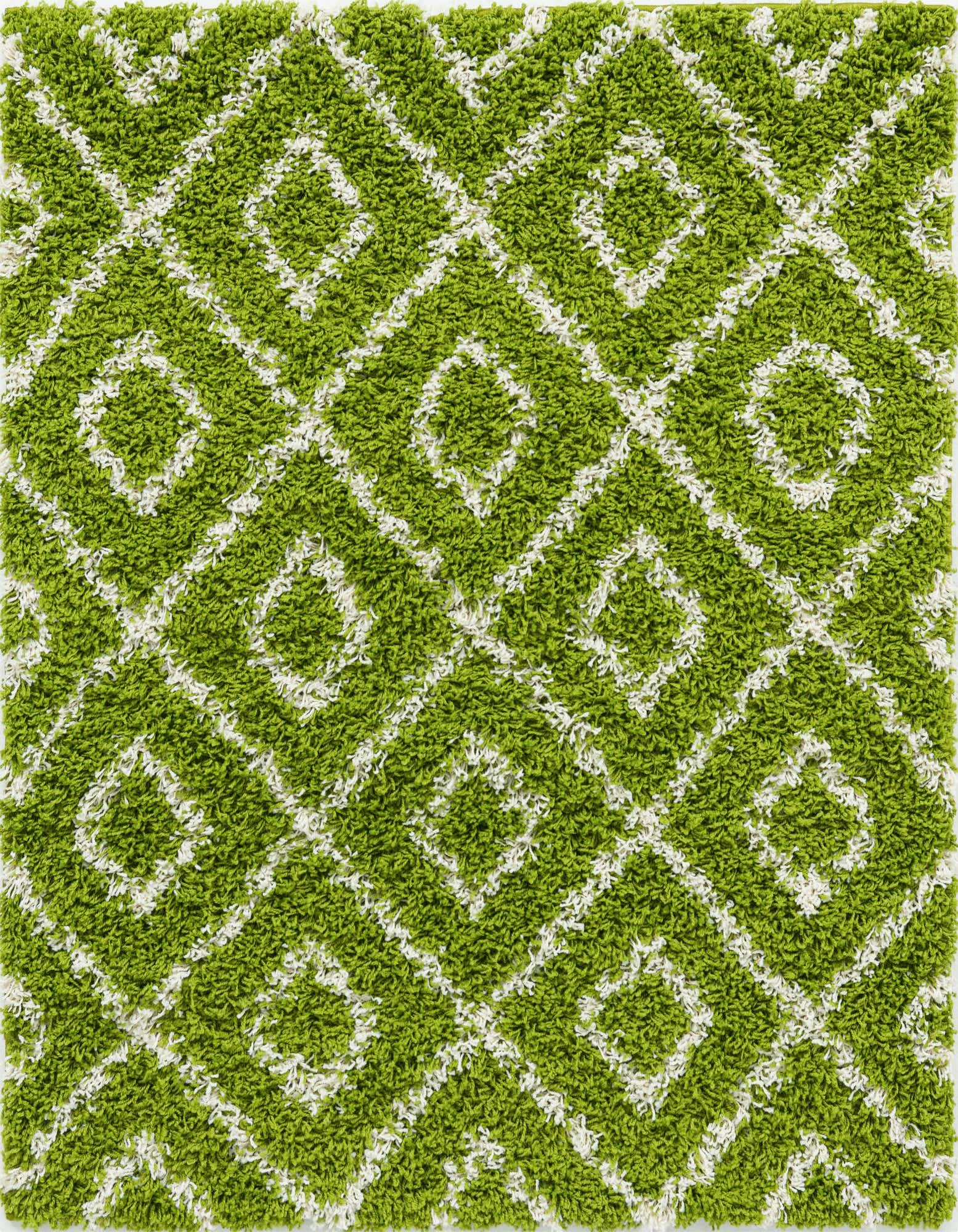 A vibrant green 4'x4' square shag rug with a white modern abstract lattice pattern, featuring a textured high/low pile.