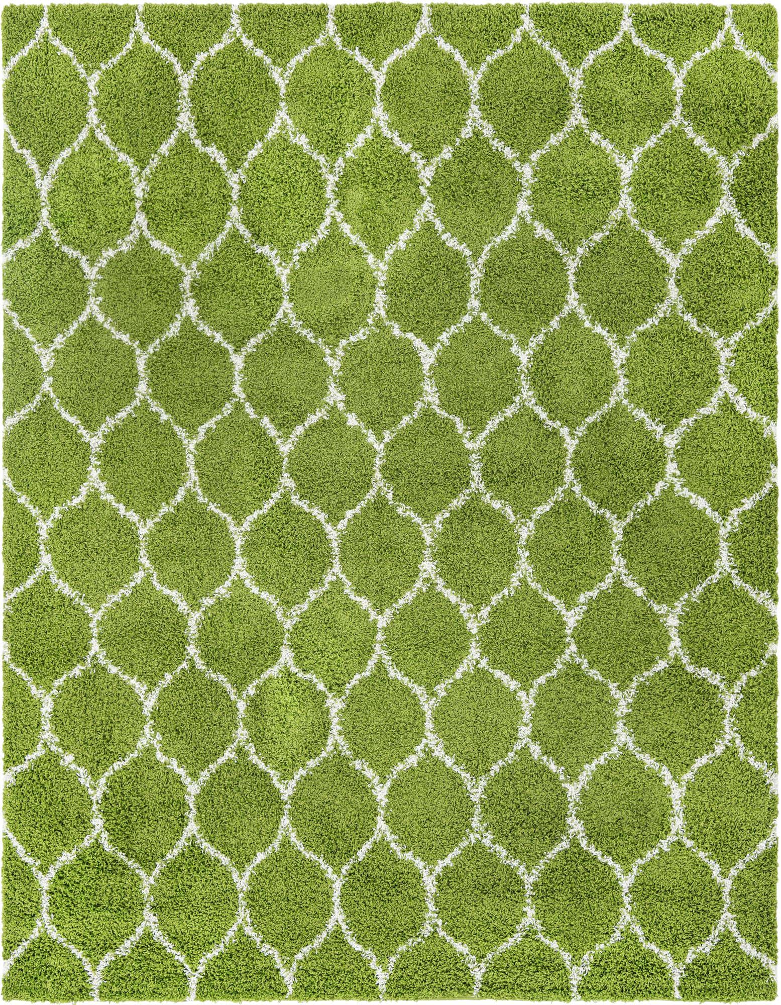 A 10'x10' square green shag rug with a modern white lattice pattern, showcasing its textured high-low pile.