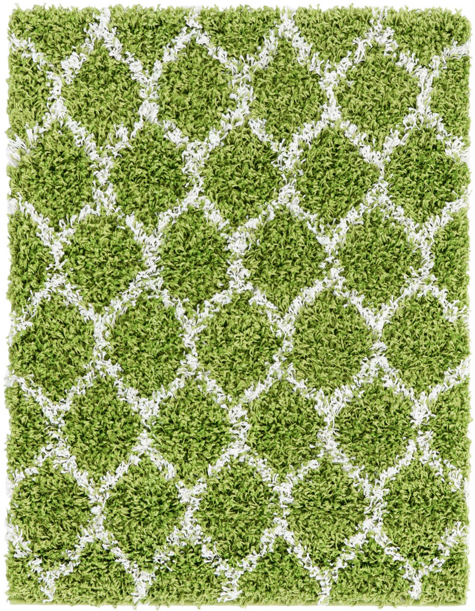 A square green and white shag rug with a modern lattice pattern, featuring a high-low textured pile.