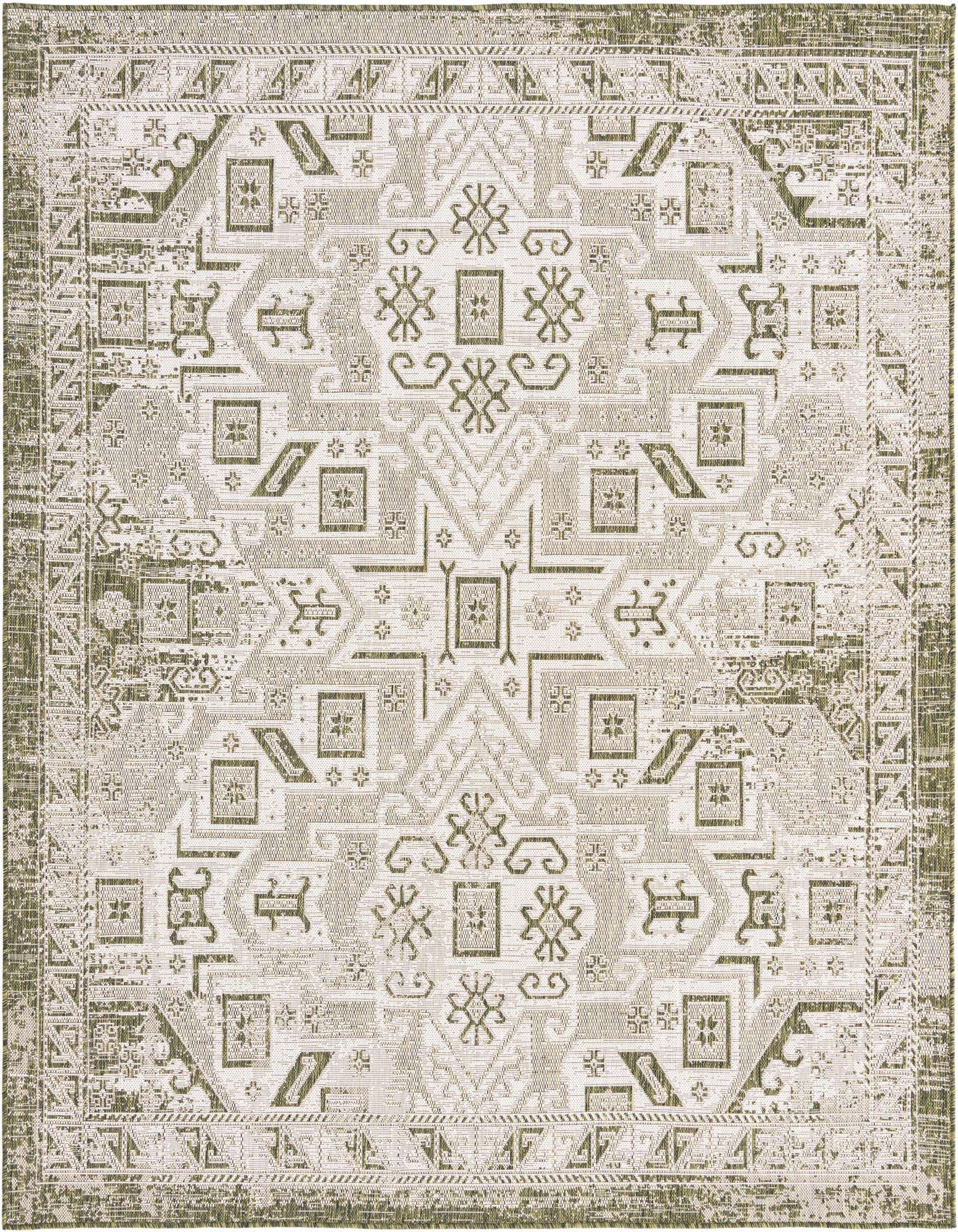 A 7'10" square green and beige Southwestern rug with a distressed tribal pattern and border, suitable for indoor or outdoor use.