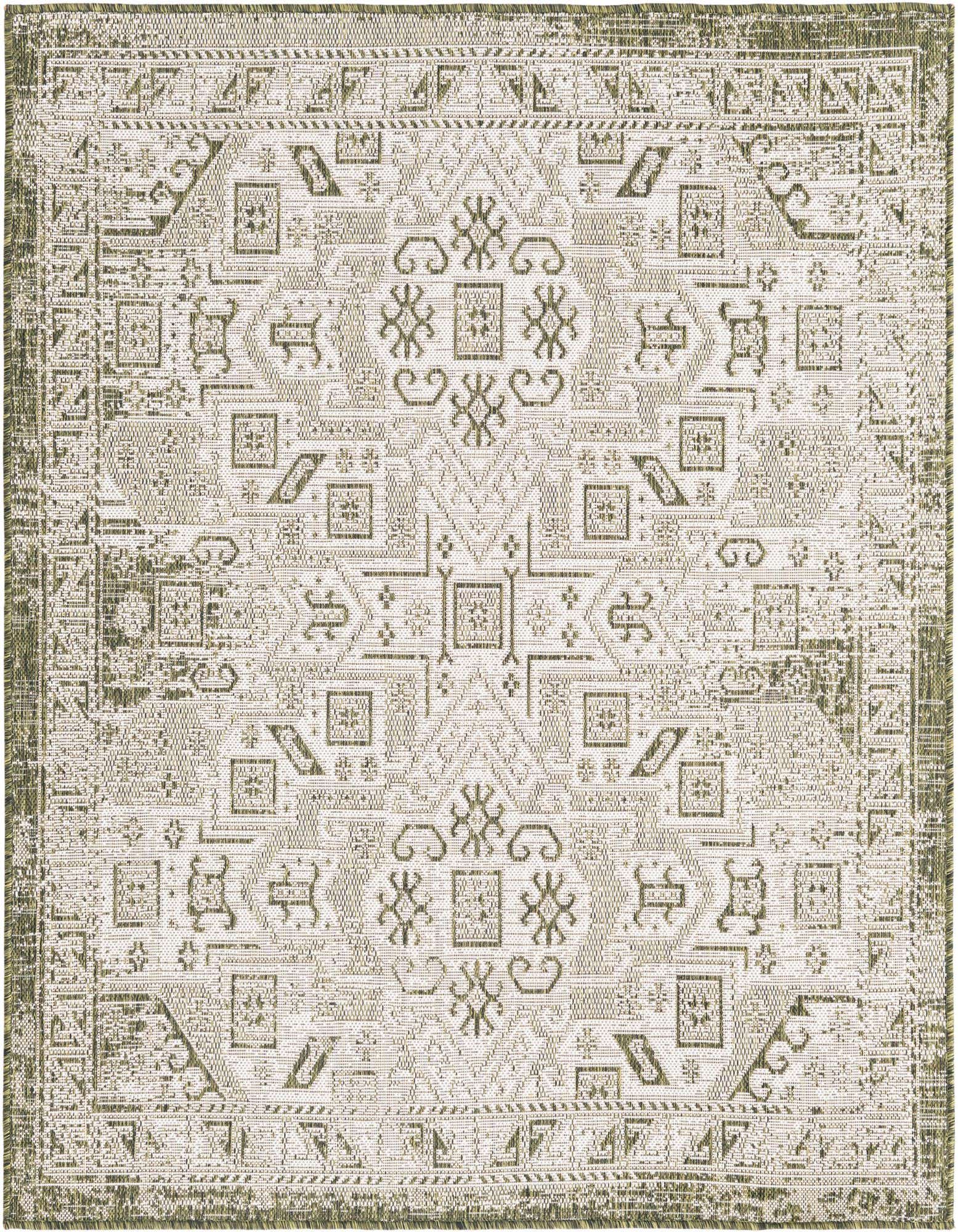A 5' 3 x 5' 3 square green and white Southwestern rug with a tribal pattern, suitable for indoor or outdoor use.