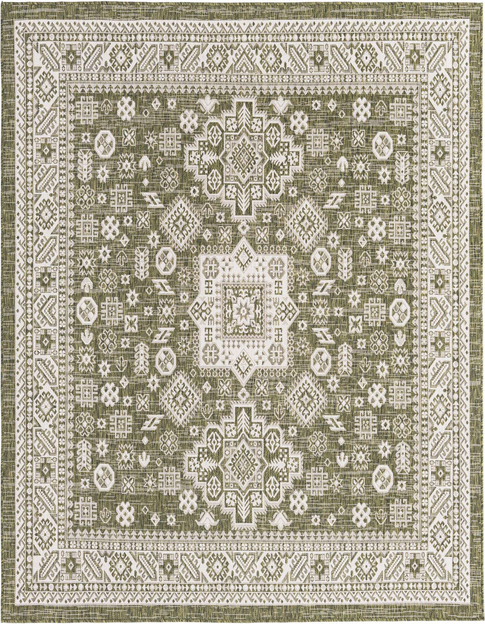 A 7' 10 x 7' 10 square green indoor/outdoor rug with a white Southwestern tribal pattern and border.