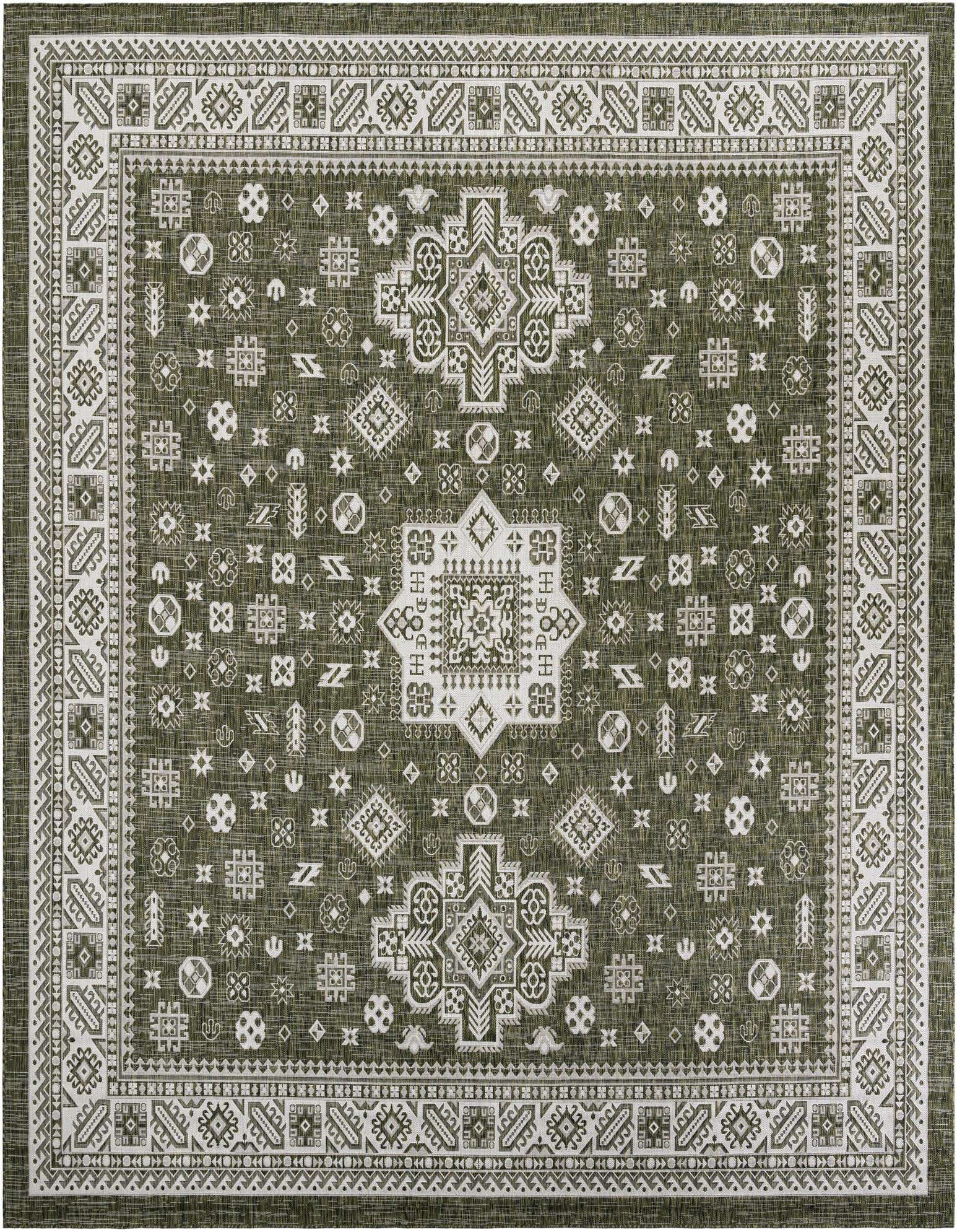 A 13' square Rugs.com Outdoor Aztec rug in shades of green with a detailed Southwestern tribal pattern and white border.