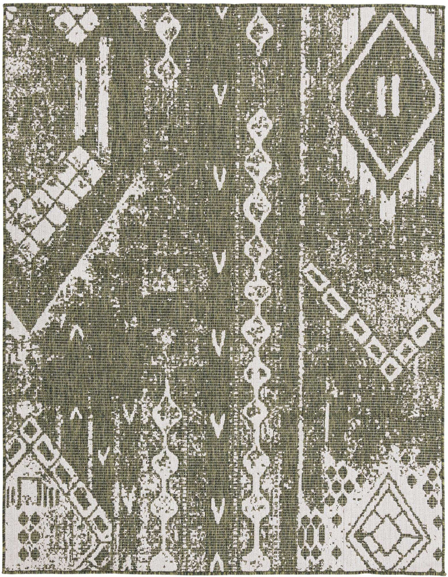A 10' 8 x 10' 8 square green and white modern outdoor rug with a distressed geometric pattern.