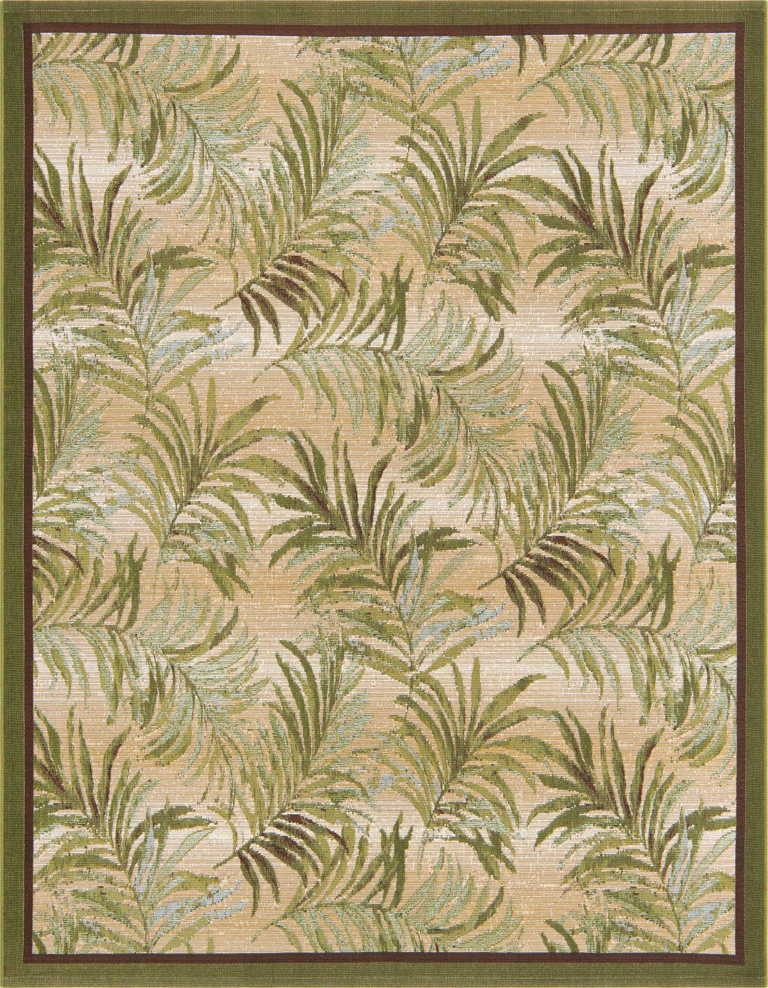 A 6'x6' square indoor/outdoor rug with a vibrant green botanical palm leaf pattern on a beige background, bordered in solid green.