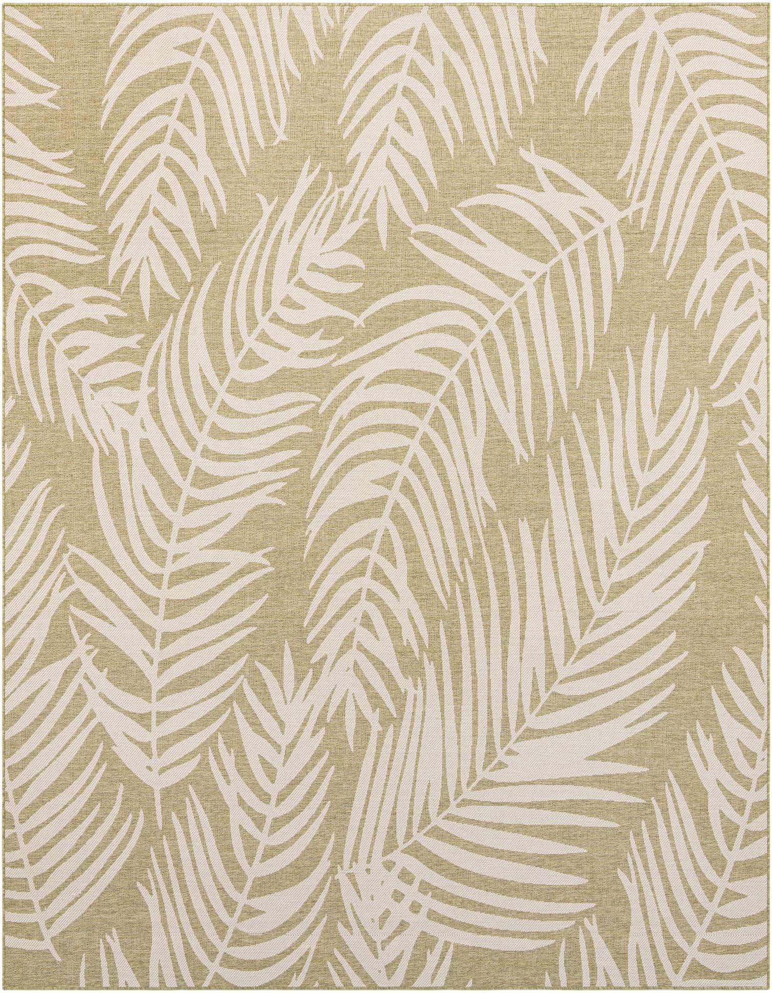 A 10' 8 x 10' 8 square green indoor/outdoor rug with a modern white tropical leaf pattern.