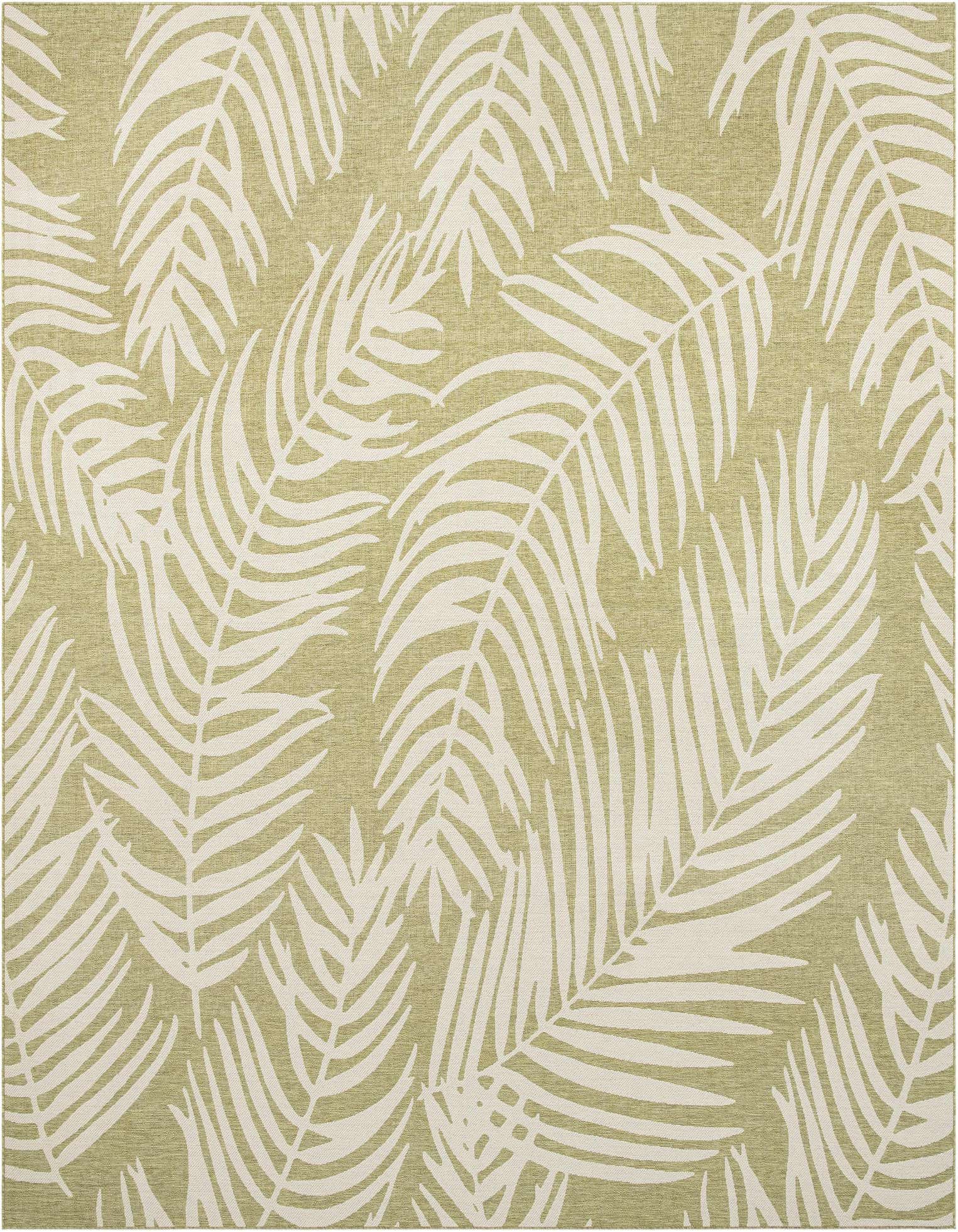 A 13' square green indoor/outdoor rug with a modern tropical botanical pattern of large white palm leaves.