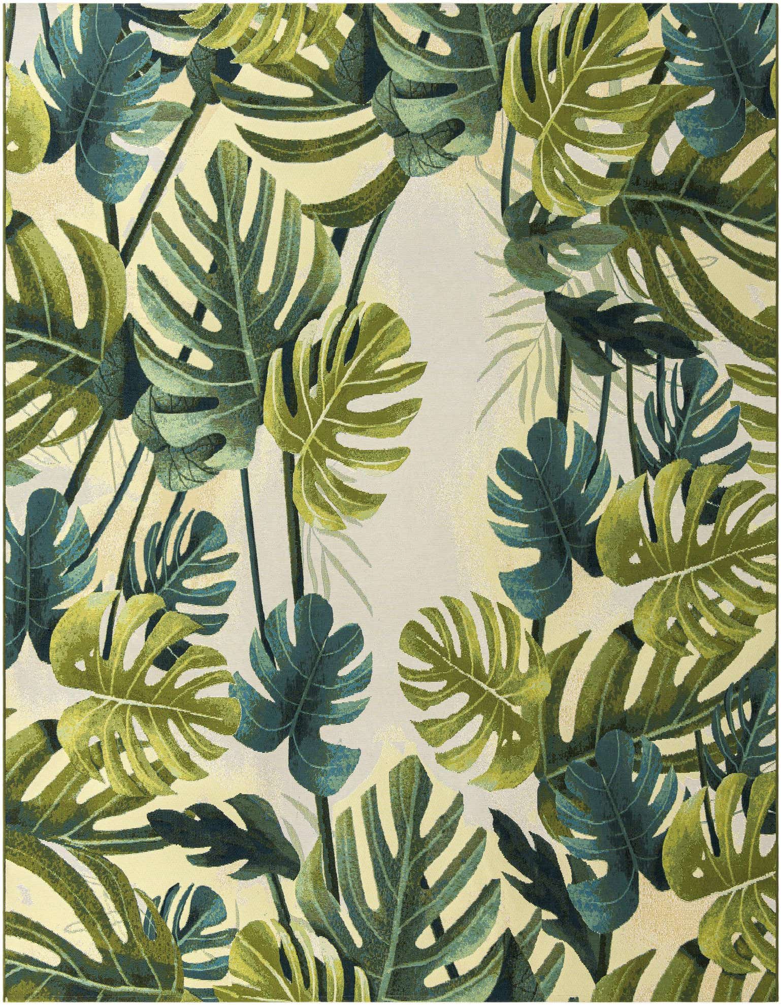A 10'x10' square green botanical rug featuring large monstera leaves in various shades of green and teal on a light background, ideal for a patio.
