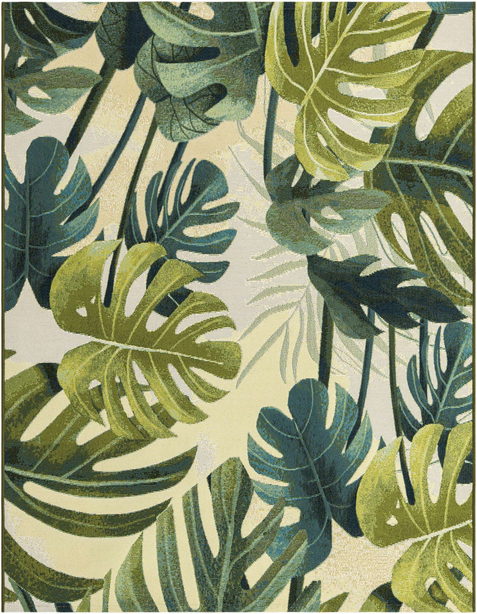 A 5'3" square rug featuring a vibrant botanical pattern of green monstera and palm leaves on a cream background.
