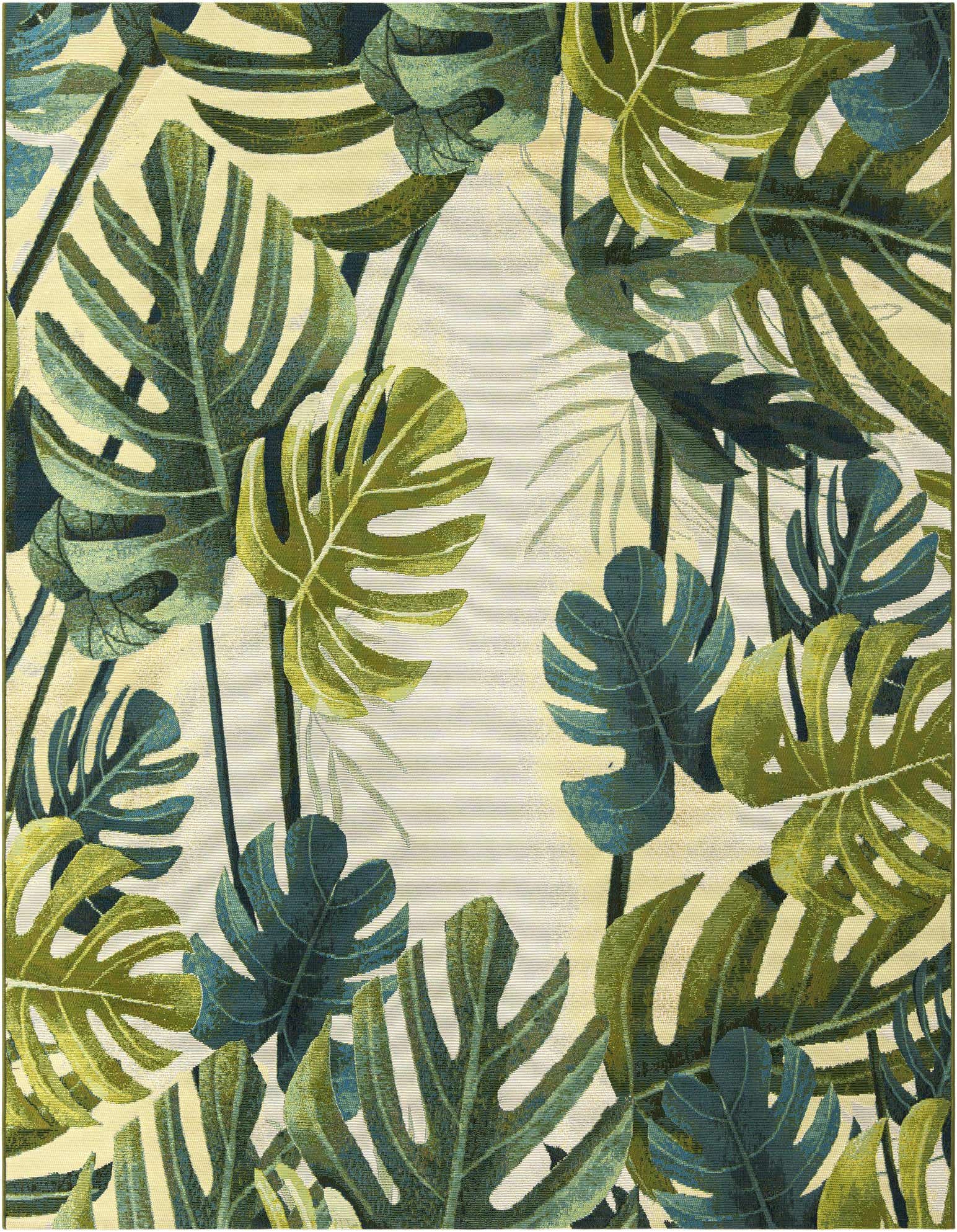 A square green botanical rug with large monstera leaves in various shades of green and teal on a light background, suitable for a patio.
