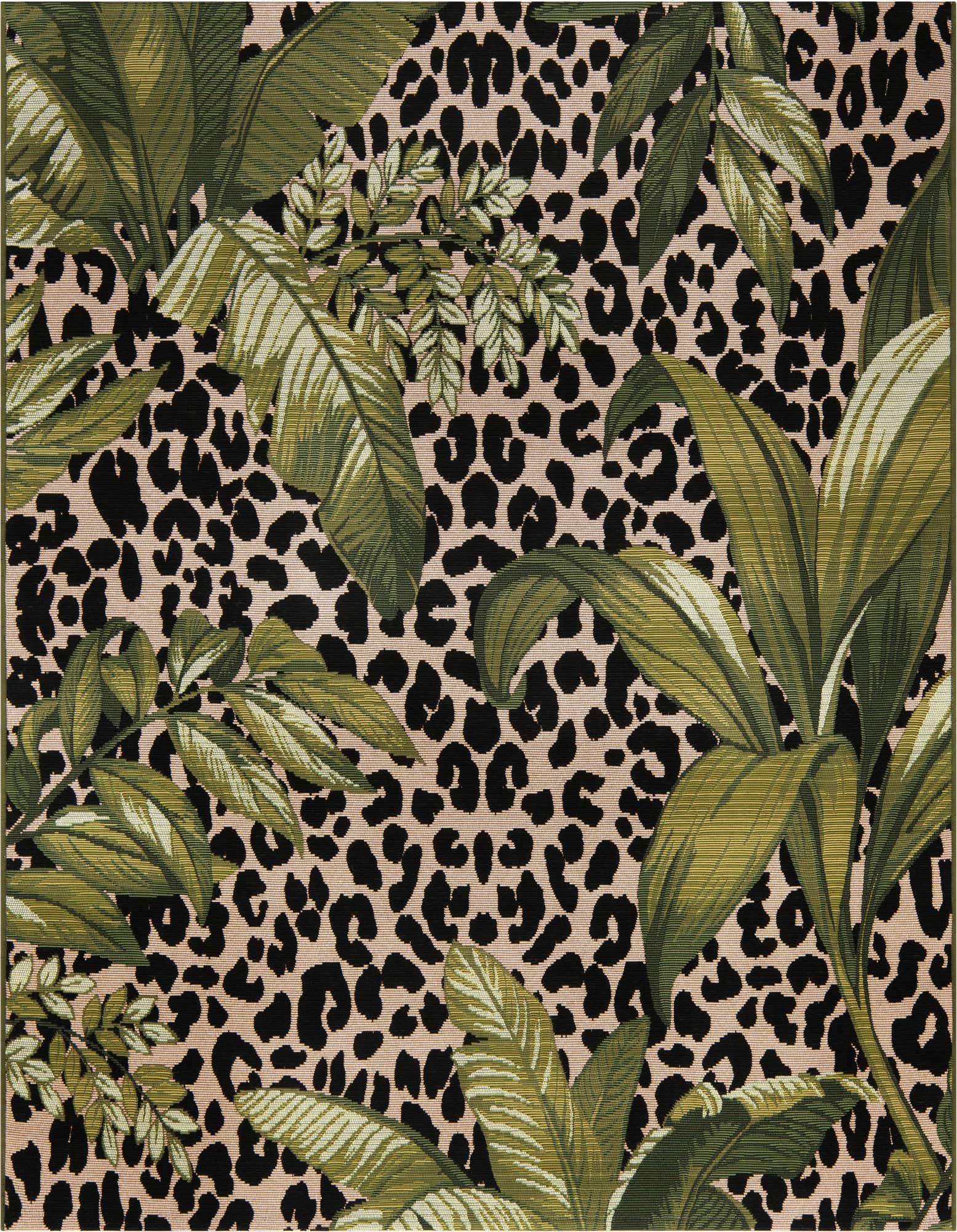 A square indoor/outdoor rug featuring a bold green botanical leaf pattern over a black and beige leopard print background.