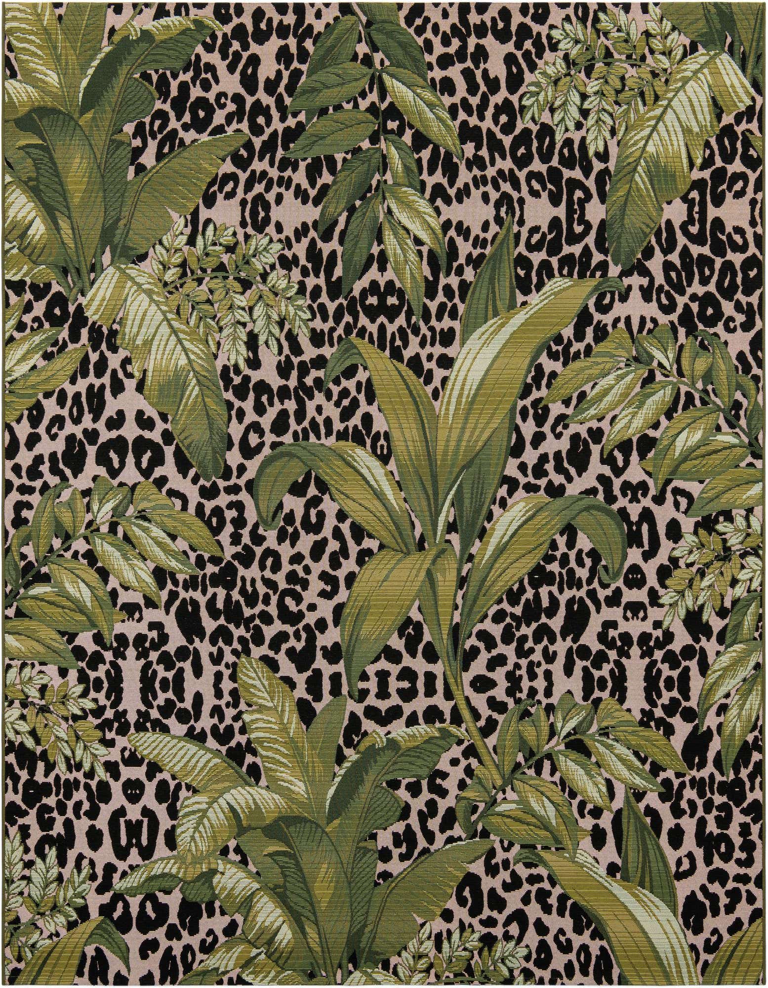 A 7' 10 x 7' 10 square rug featuring a bold green botanical leaf pattern over a beige and black leopard print background.