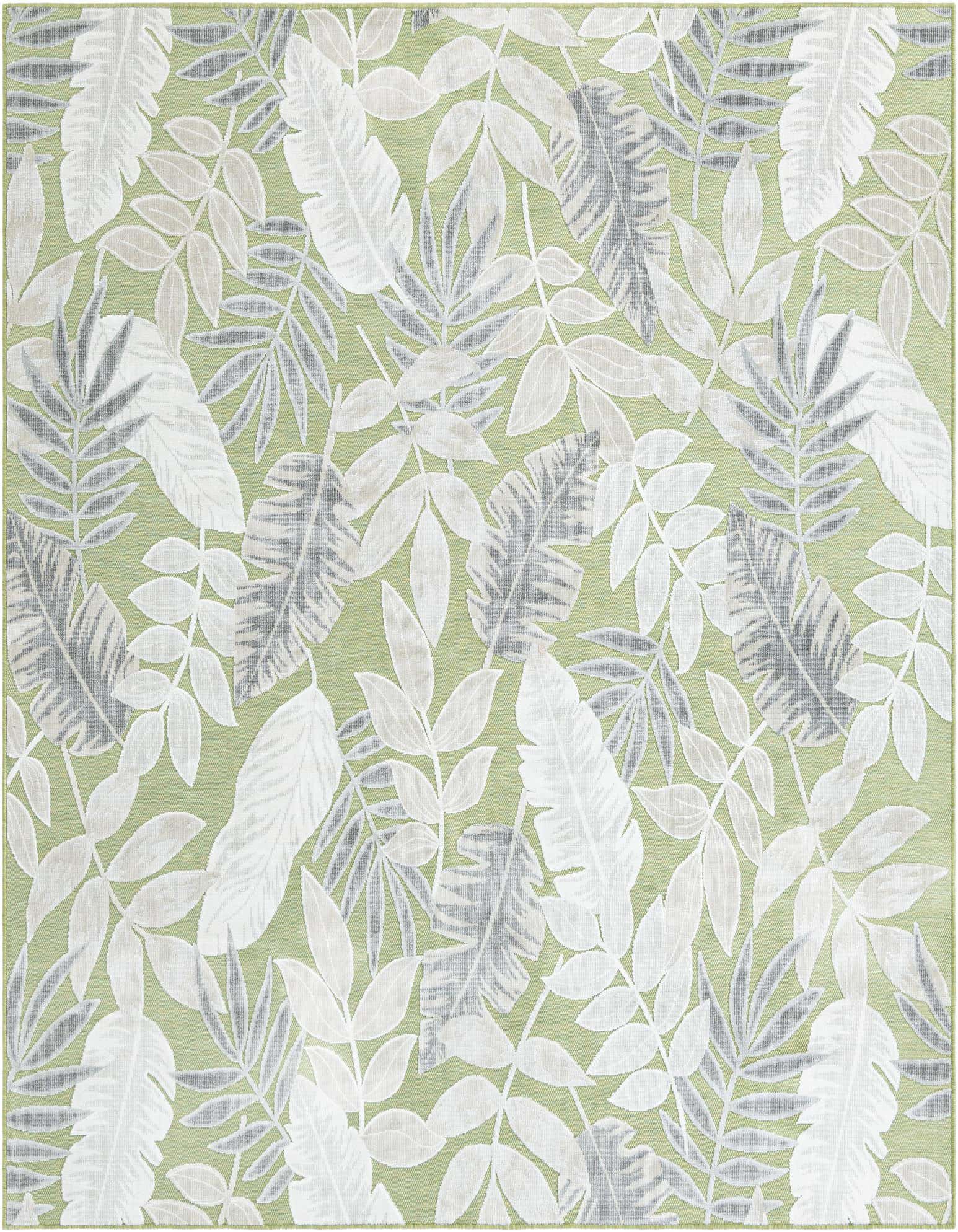 A square green outdoor rug with a modern tropical leaf pattern in white, light gray, and darker gray.
