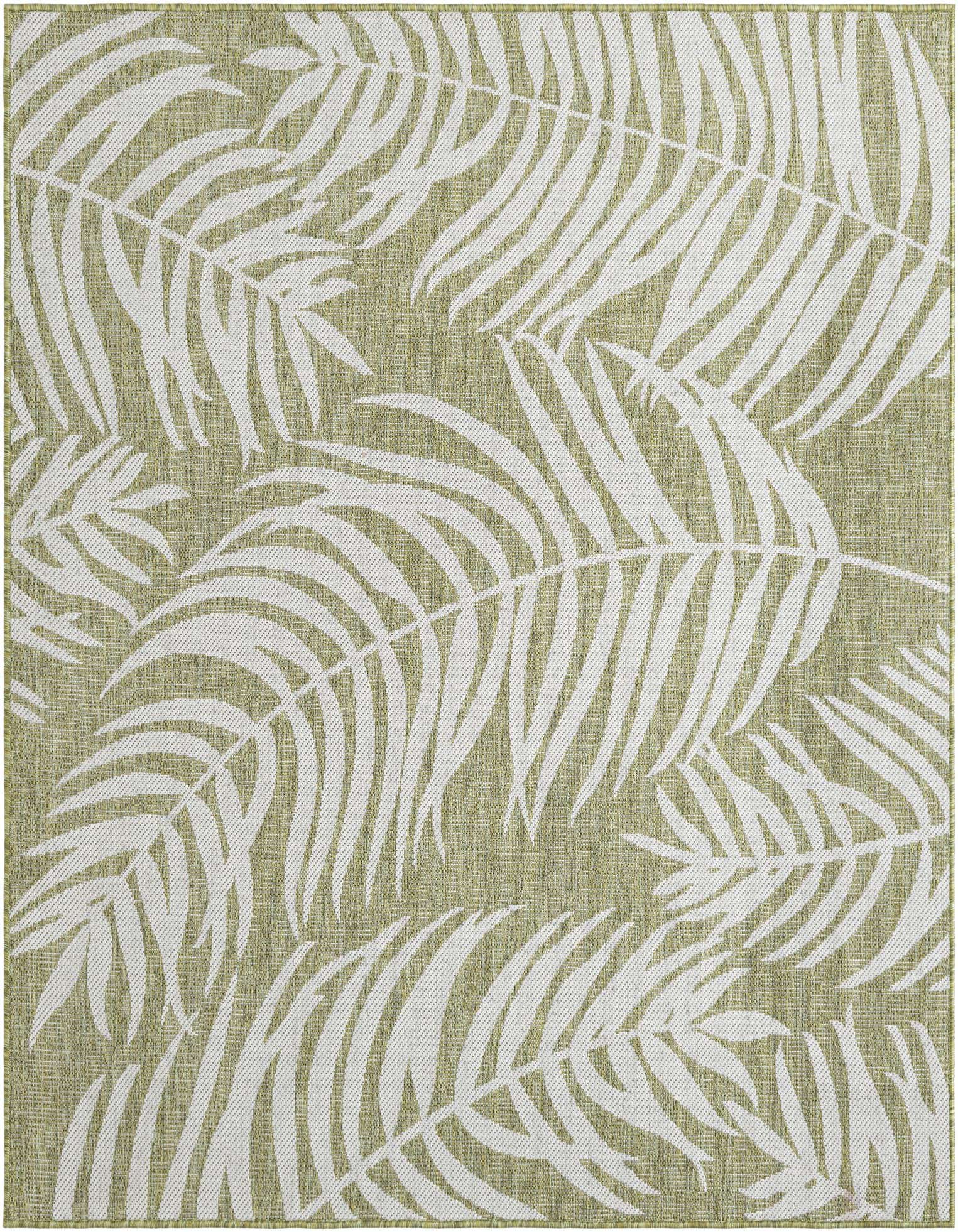 A square 6' x 6' green indoor/outdoor rug with a modern botanical pattern of large white palm leaves.