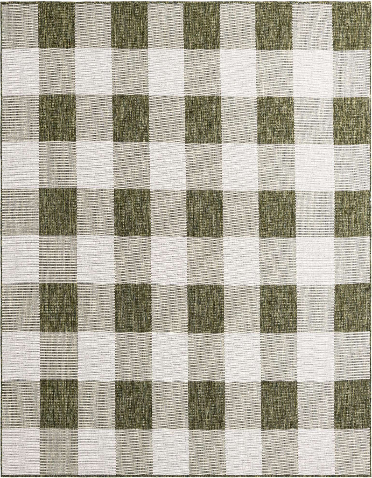 A 7' 10 x 7' 10 square green and white checkered rug with a flatweave texture, suitable for indoor or outdoor use.