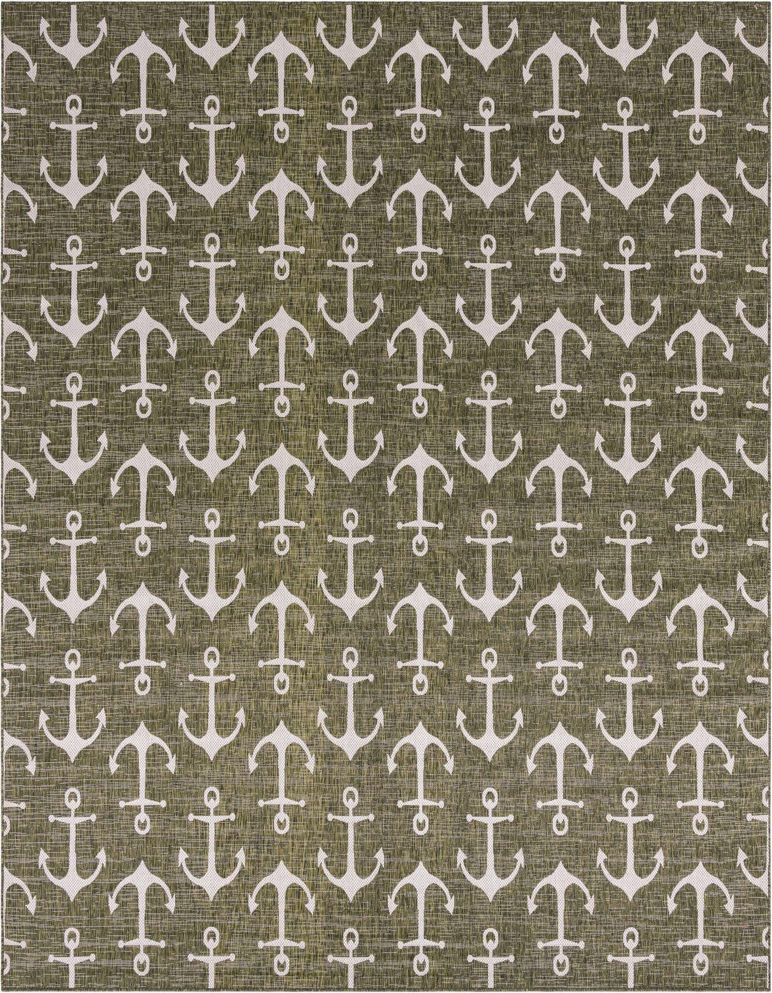 A square green indoor/outdoor rug with a repeating pattern of white anchors, ideal for a patio.