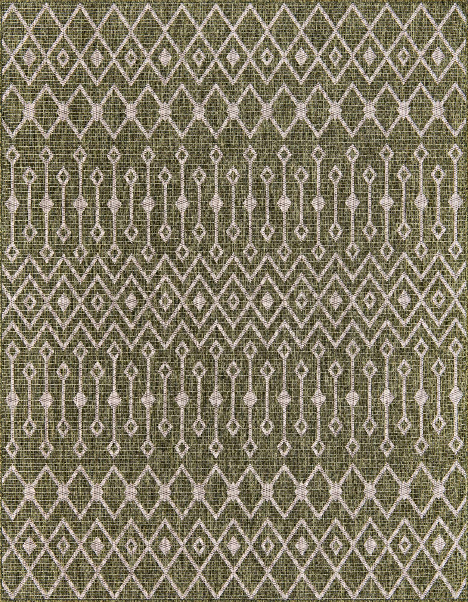 A 7' 10 x 7' 10 square green indoor/outdoor rug with a repeating tribal geometric pattern in light beige.