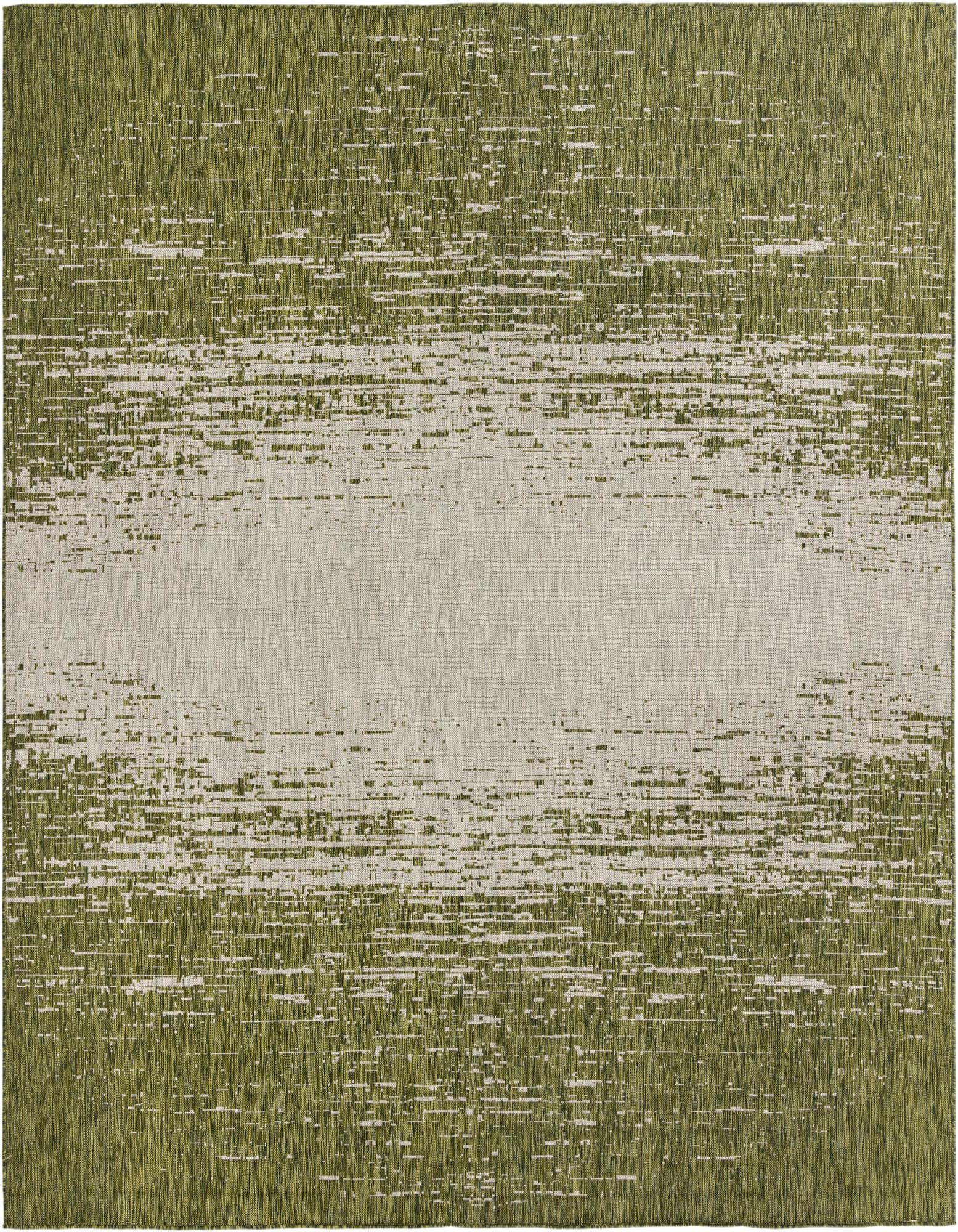 A 10' 8 x 10' 8 square green indoor/outdoor rug with a modern, textured flatweave pattern and a light central band.