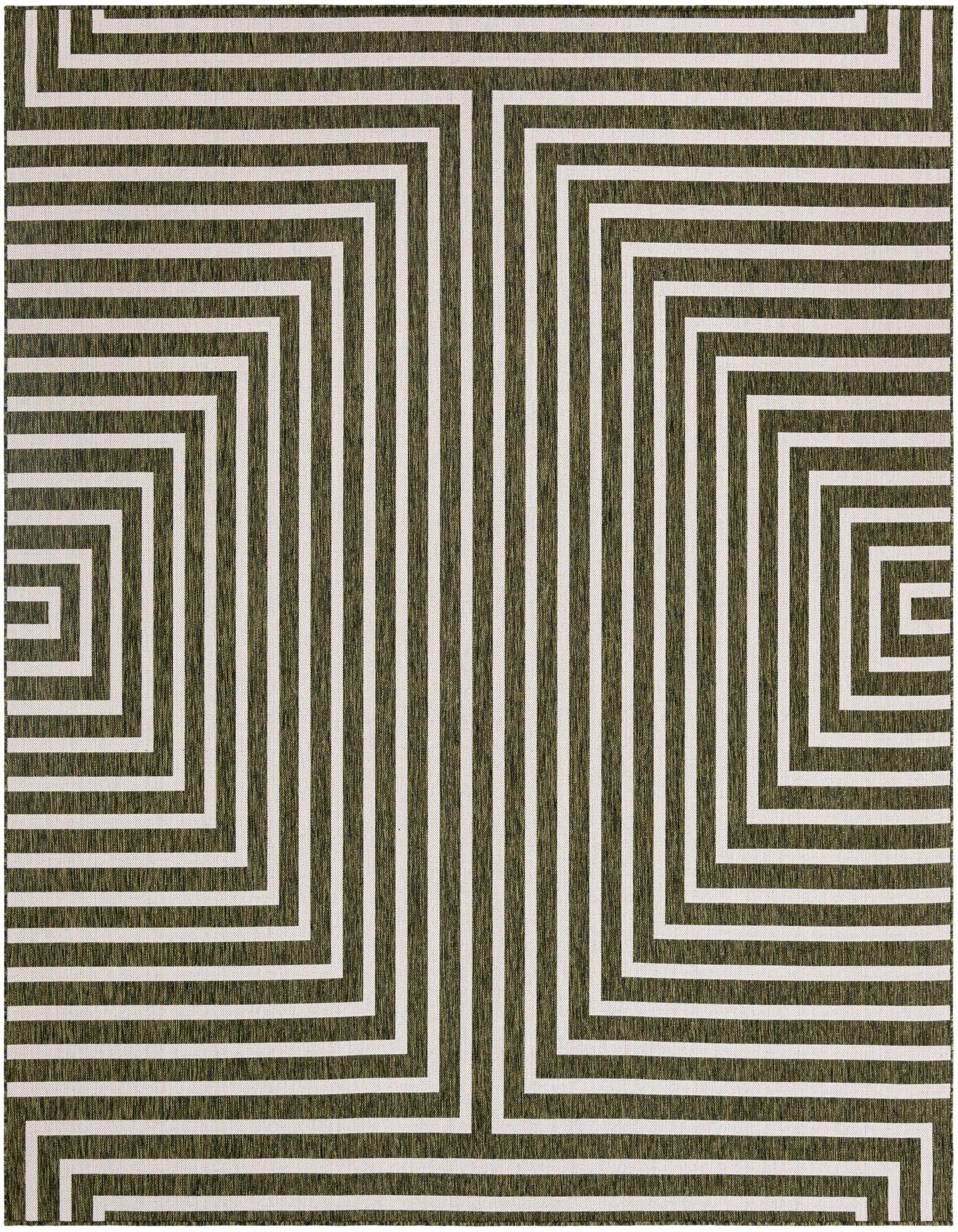 A 10'x10' square green and white modern abstract rug with a repeating geometric maze pattern, suitable for indoor or outdoor use.