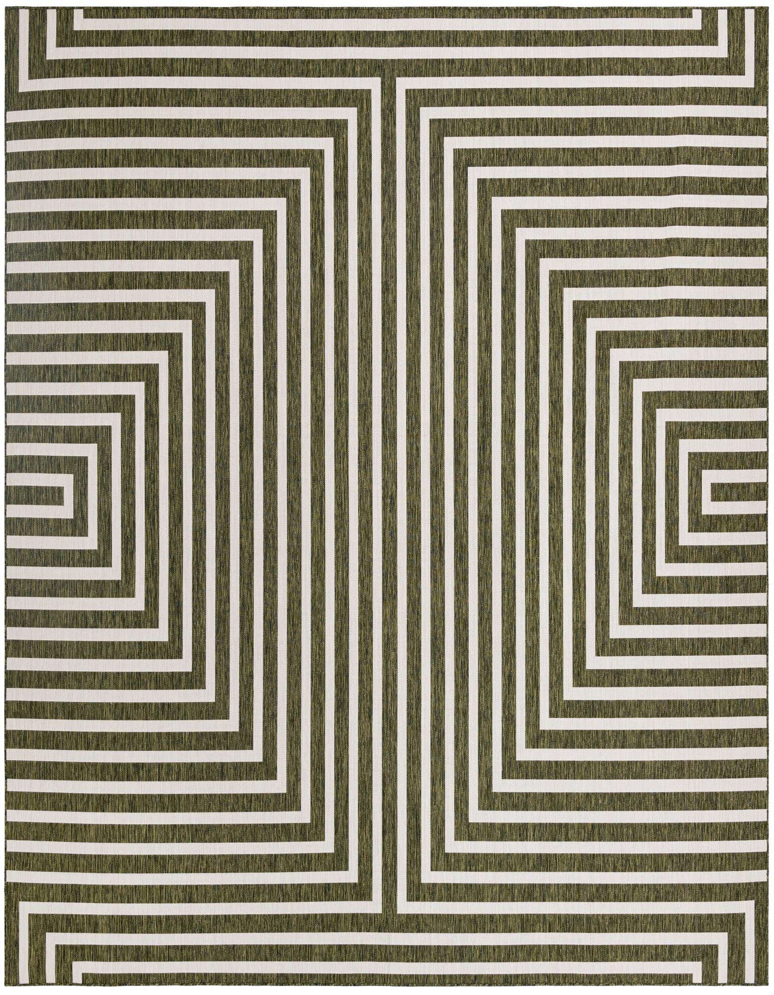 A 12'x12' square green and white modern abstract rug with a bold geometric maze pattern, suitable for indoor or outdoor use.