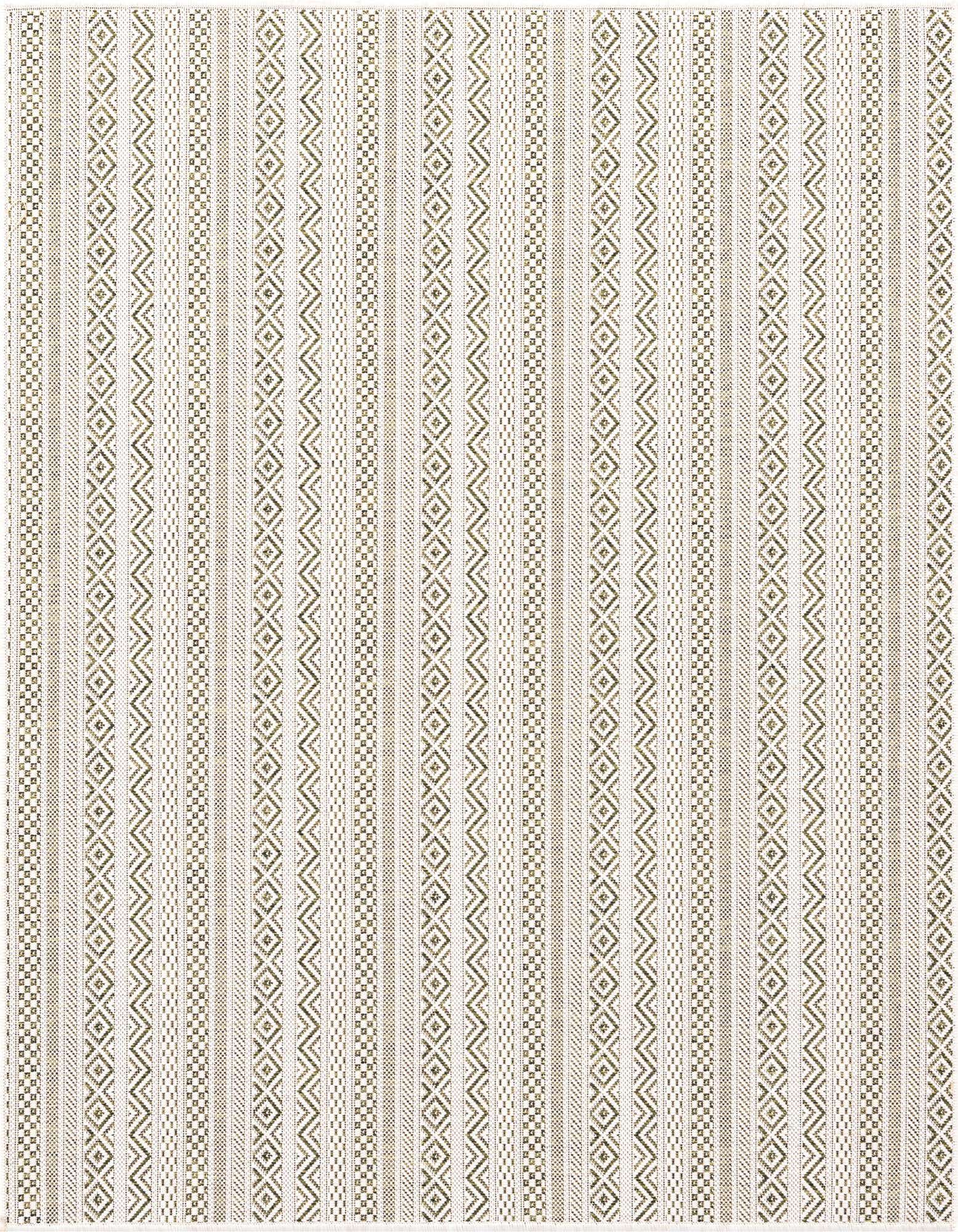 A 5' 3 x 5' 3 square Outdoor Ribbon rug featuring green tribal and modern patterns on a light background, suitable for indoor/outdoor use.