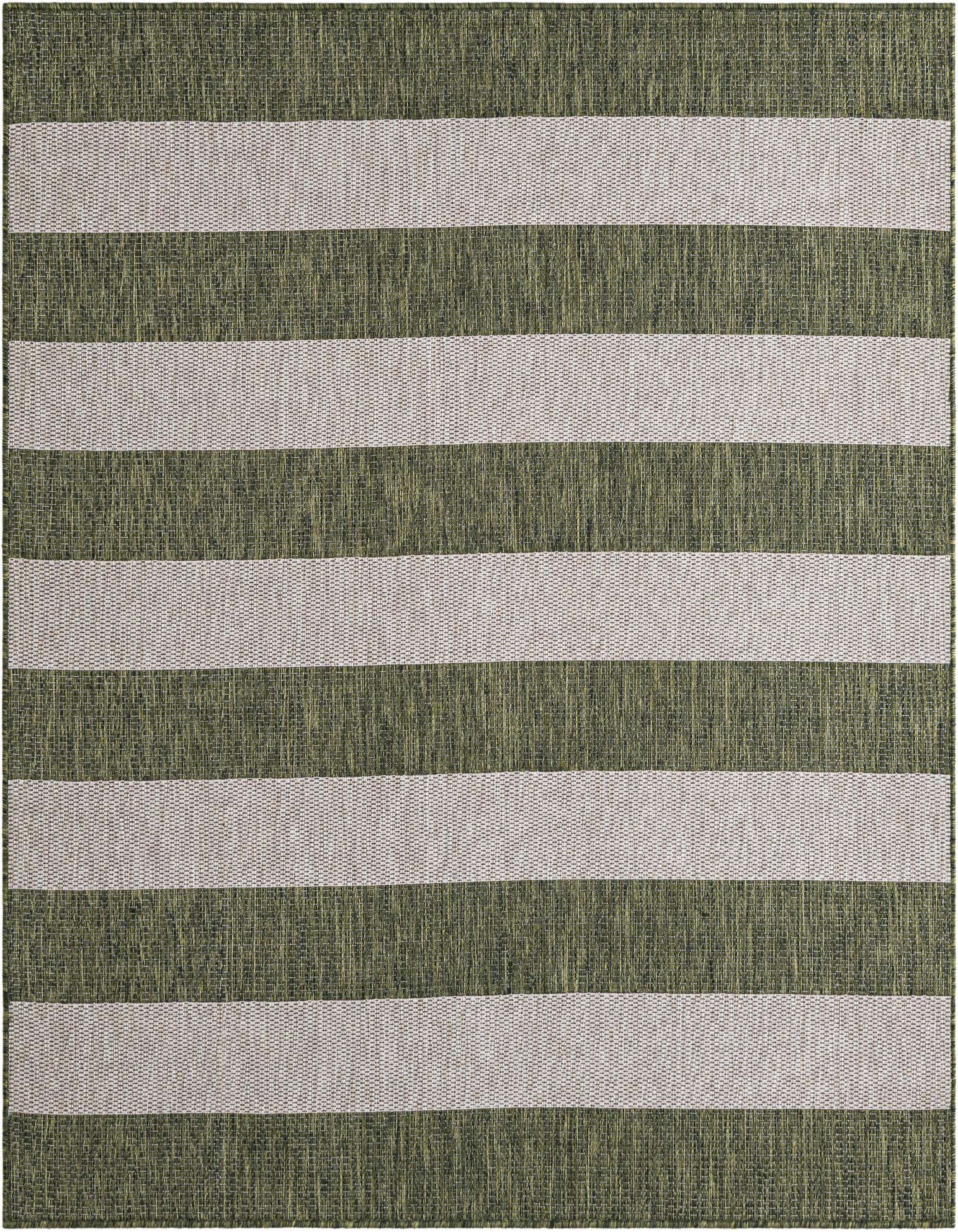 A 6x6 square green and white striped flatweave rug, ideal for a patio or indoor space.