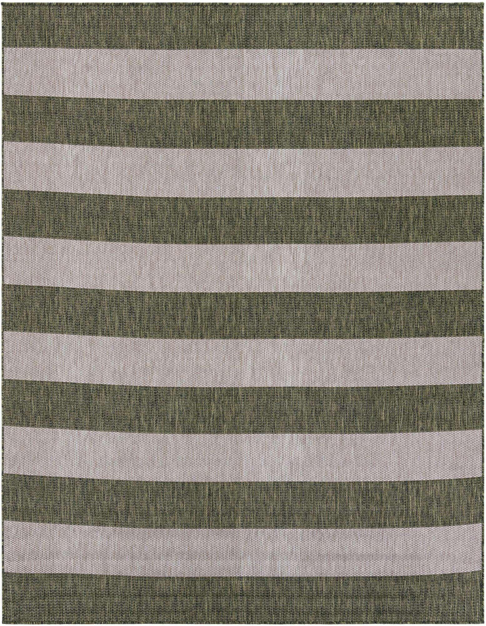 A 7' 10 x 7' 10 square green and beige striped outdoor rug, perfect for a patio.