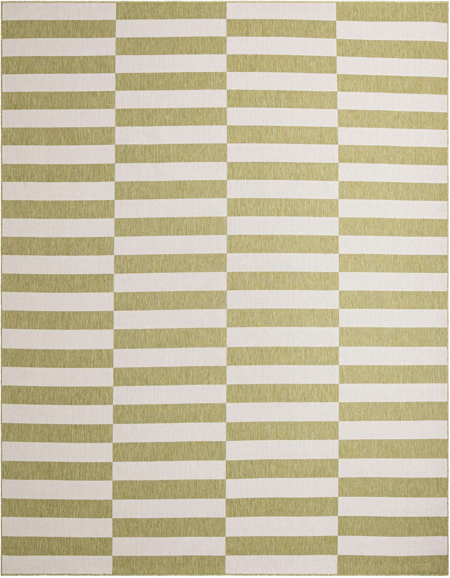 A 12'x12' square green and white striped flatweave rug with a modern geometric pattern, suitable for indoor or outdoor use.