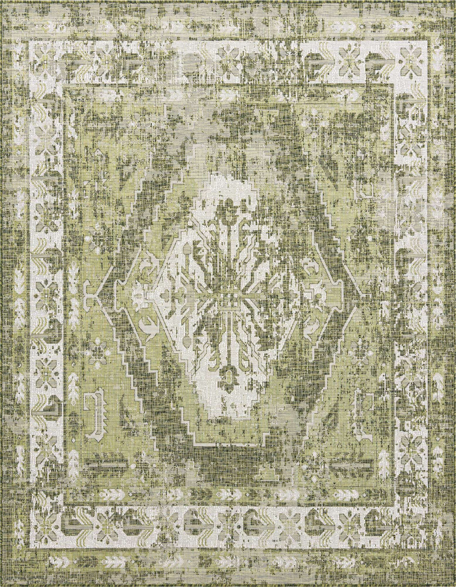 A 7' 10 x 7' 10 square green indoor/outdoor rug with a distressed traditional Southwestern pattern.