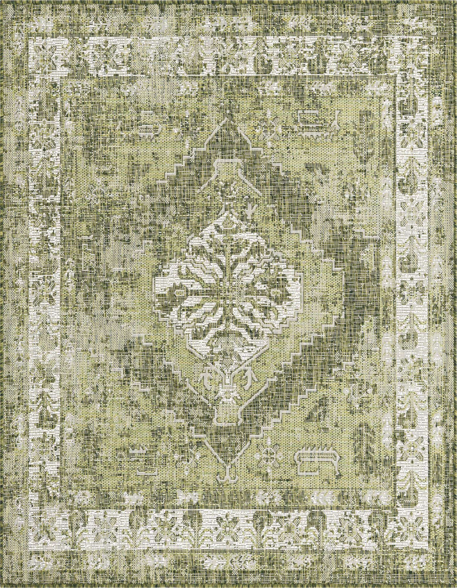 A 5' 3 x 5' 3 square green Southwestern rug with a distressed traditional pattern, ideal for a patio.