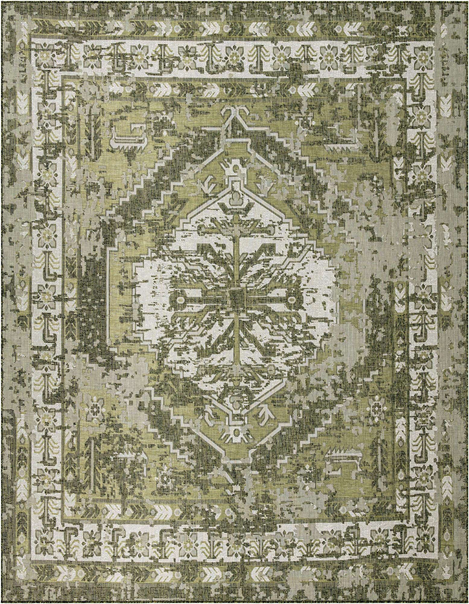 A 13' square green and white Southwestern rug with a distressed traditional pattern, suitable for a patio.